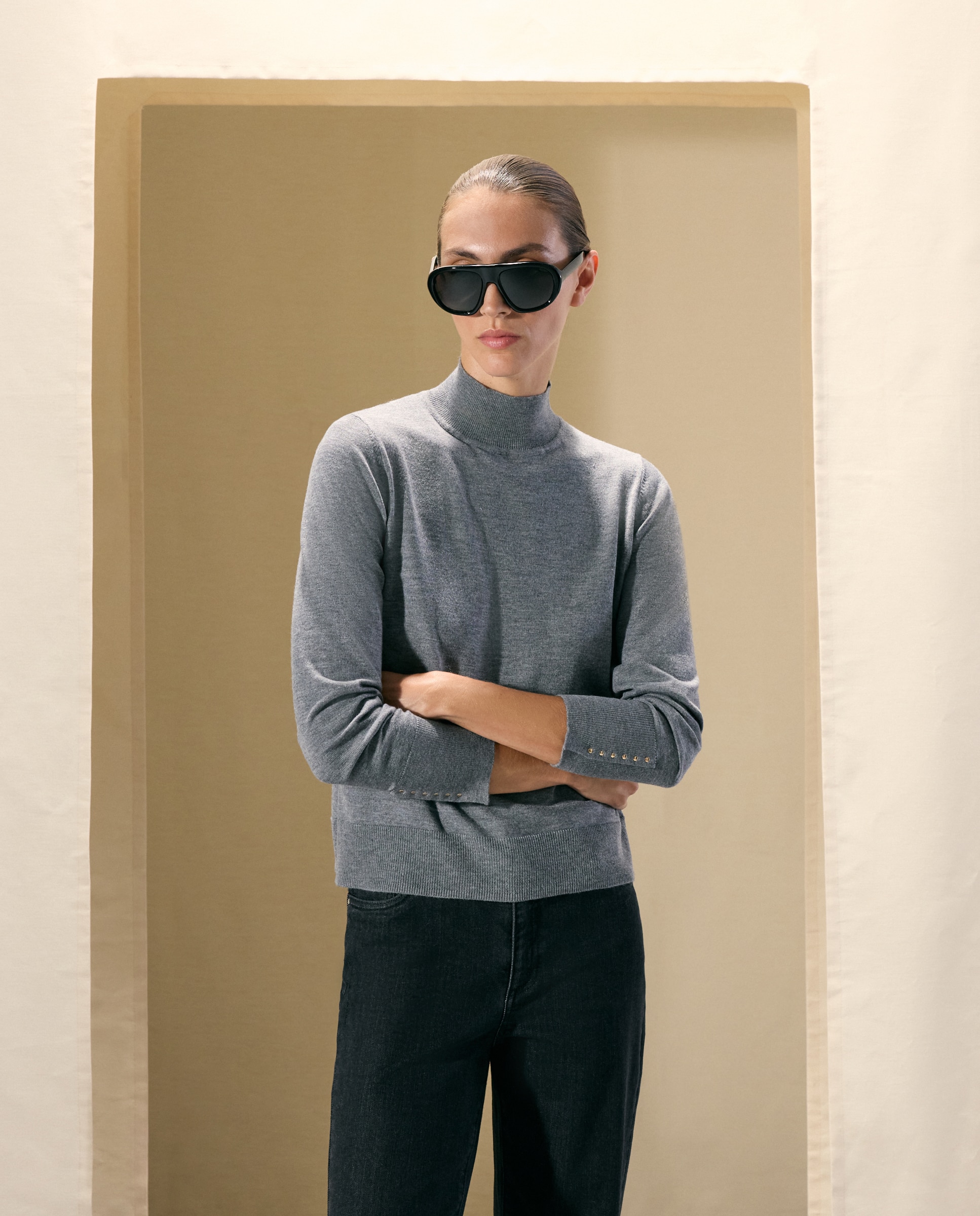 Jersey de mujer cuello perkins y tejido combinado - Woman El Corte Inglés - 820 Gris medio 820 Gris medio-1