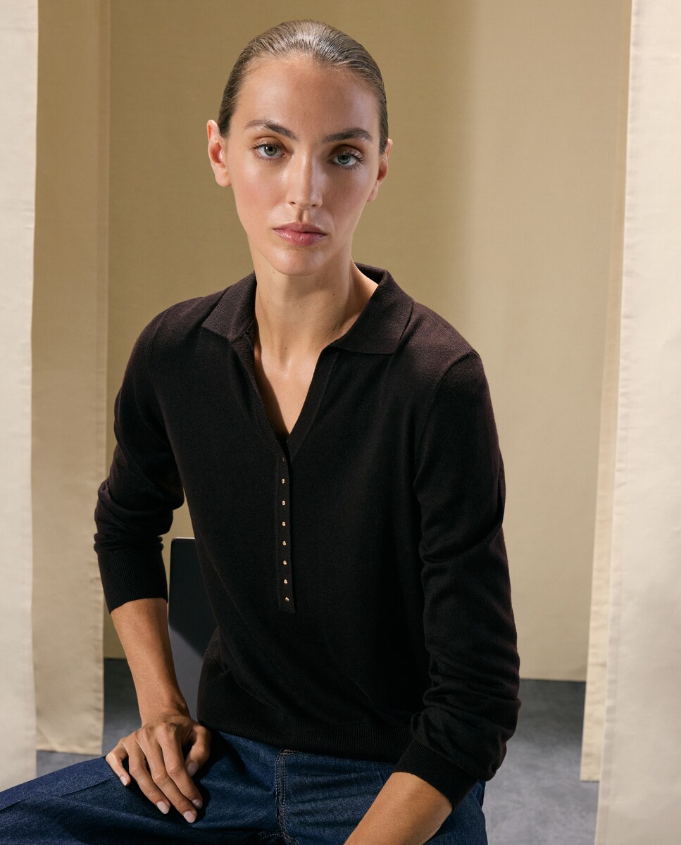 Imagen 0 de Jersey de mujer cuello polo mezcla tejido Gris claro