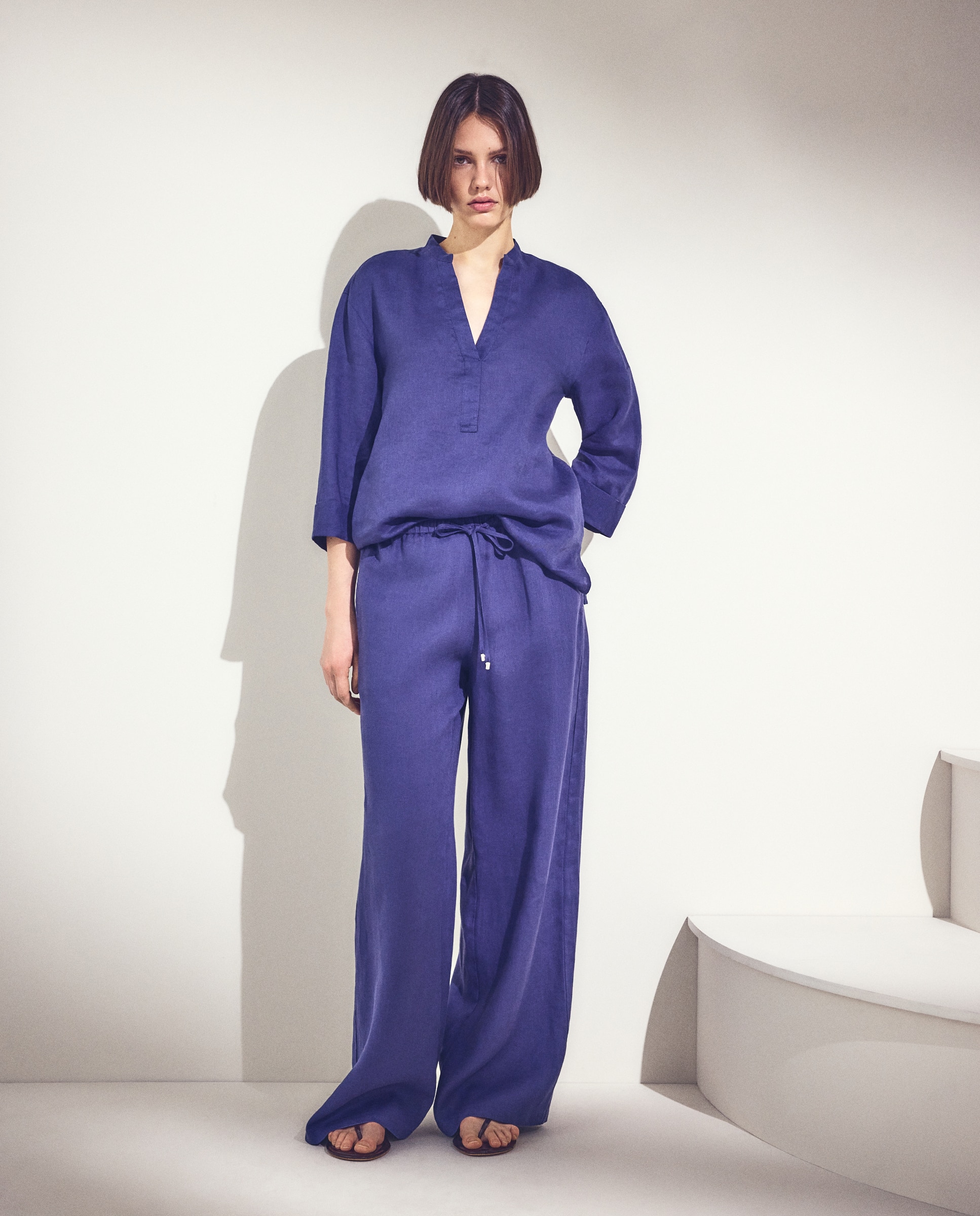 Pantalón ancho liso de mujer lino - Woman El Corte Inglés - Blanco 471 Índigo-1