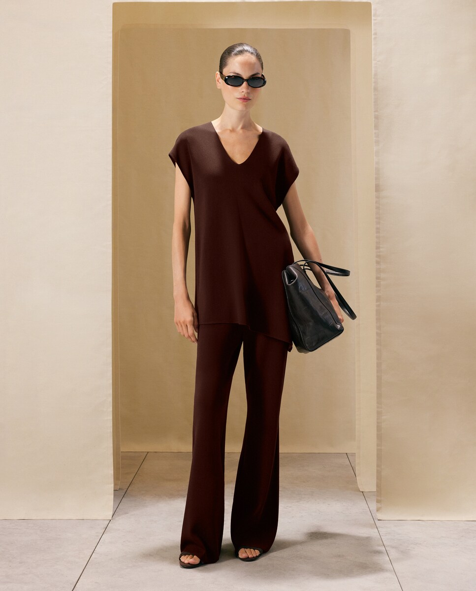 Imagen 0 de Pantalón ancho en tricot flare de mujer Marrón