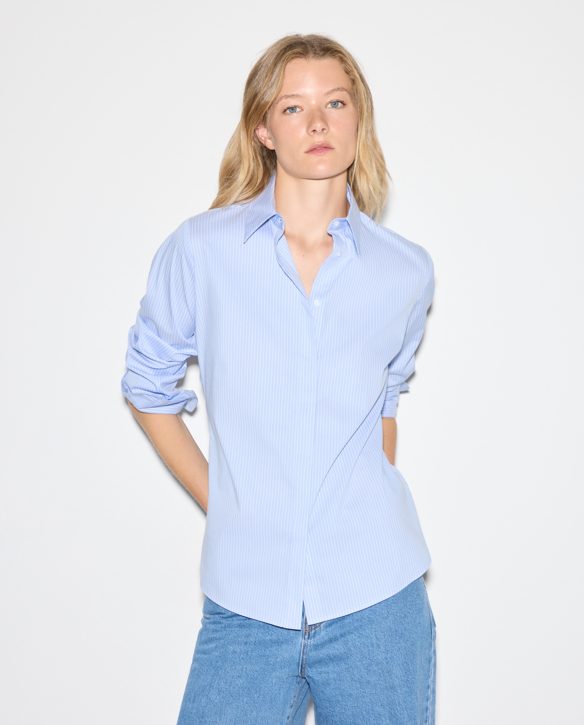Blusa de Popelina com Manga Comprida Azul-1