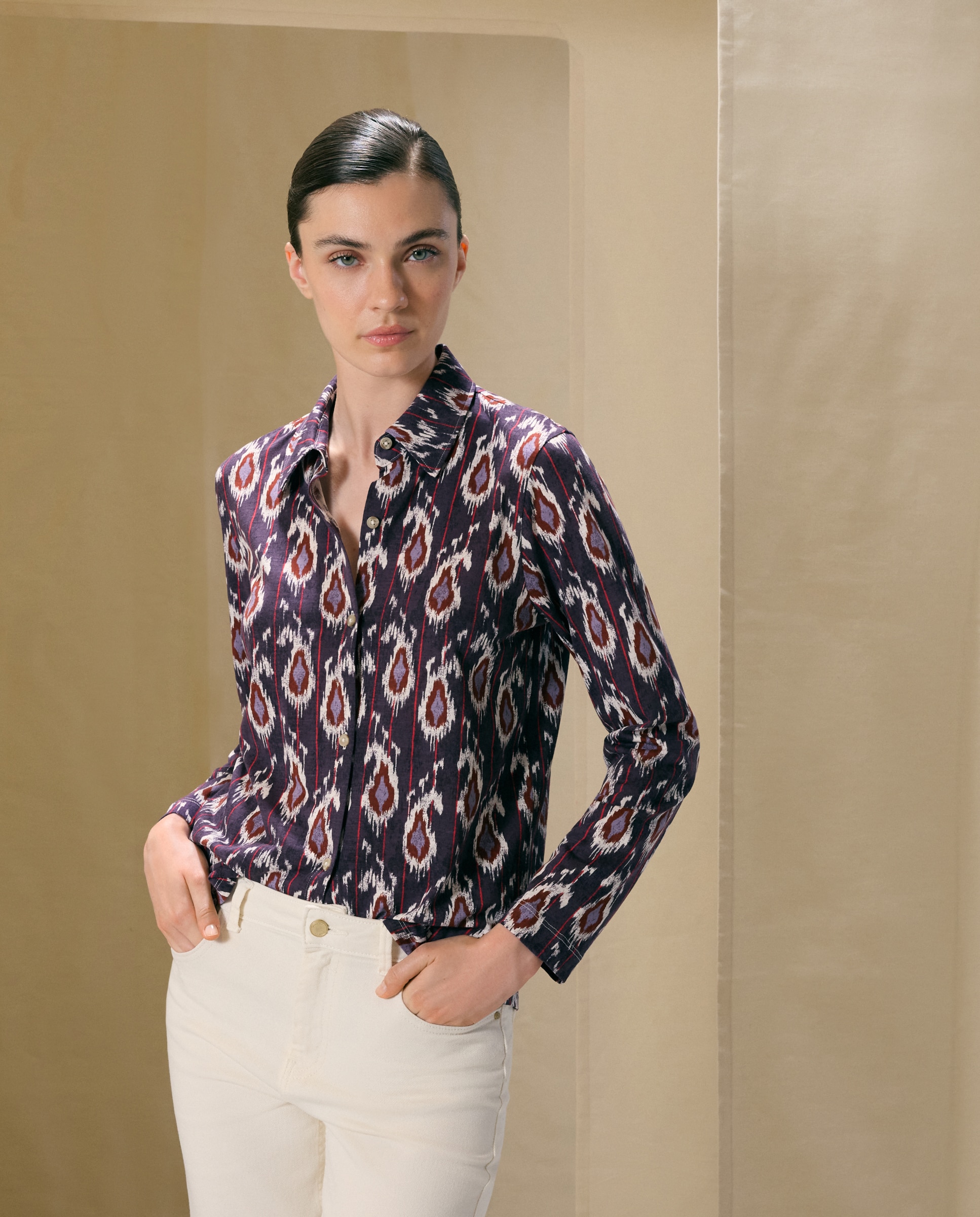 Blusa de Manga Comprida com Estampado Ikat Roxo-2