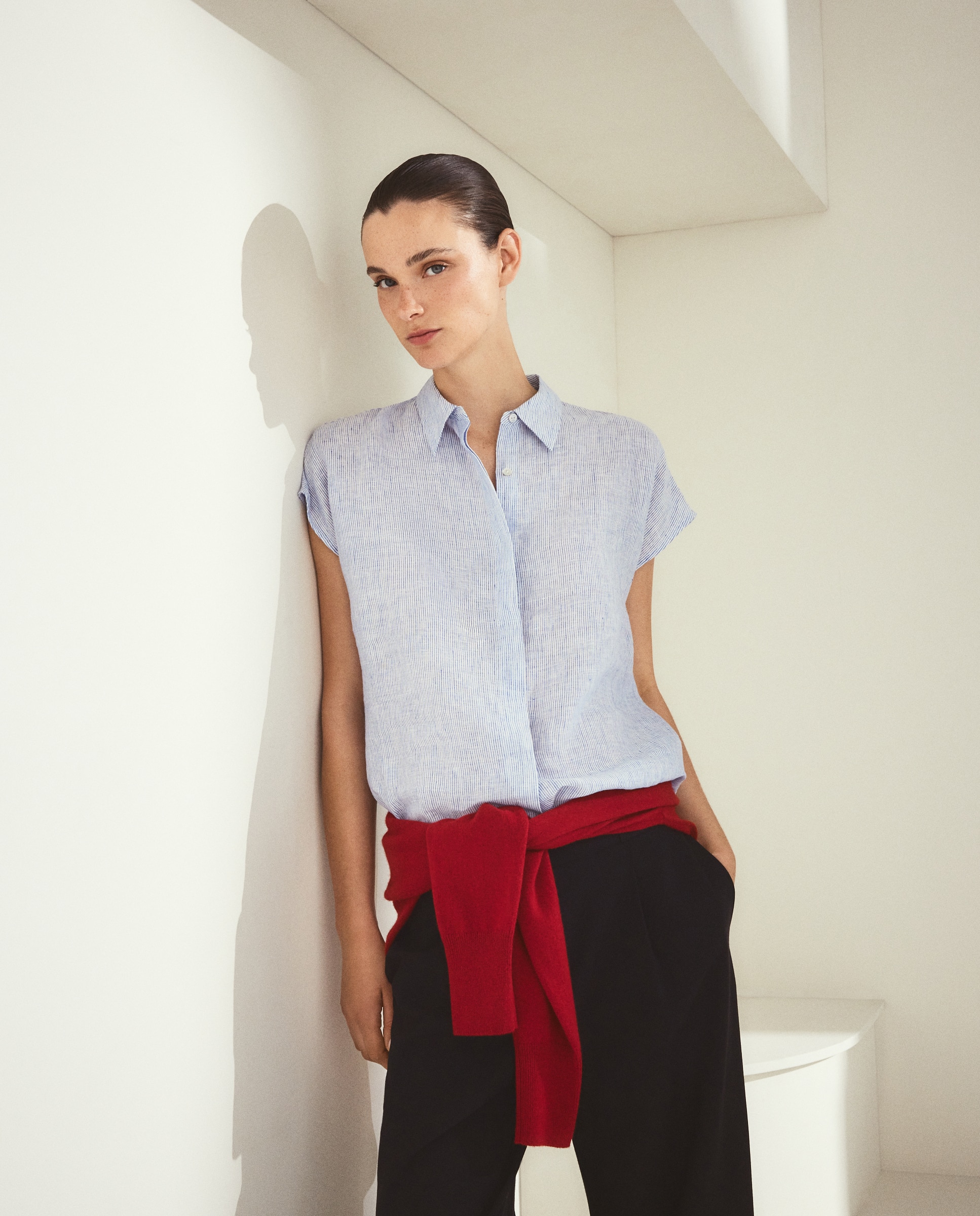 Blusa manga corta de mujer en lino - Woman El Corte Inglés - Azul Azul-1