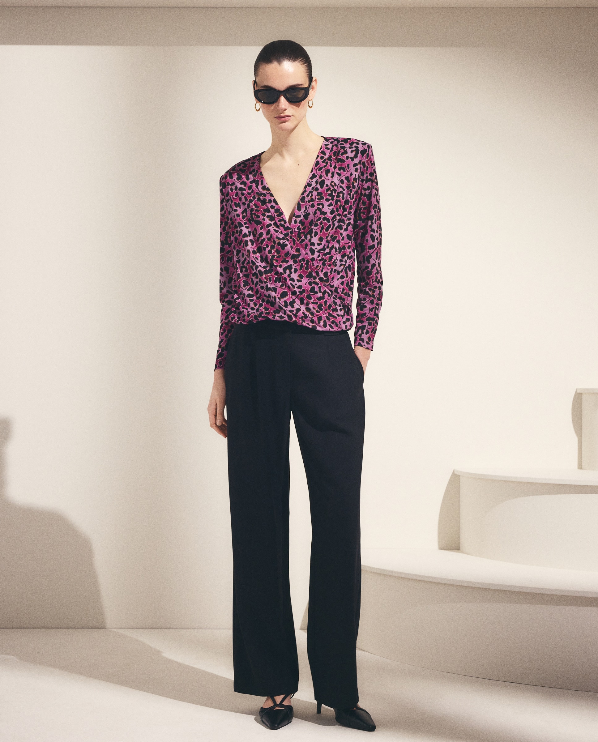 Camisola de Manga Comprida Cruzada com Animal Print Rosa-2