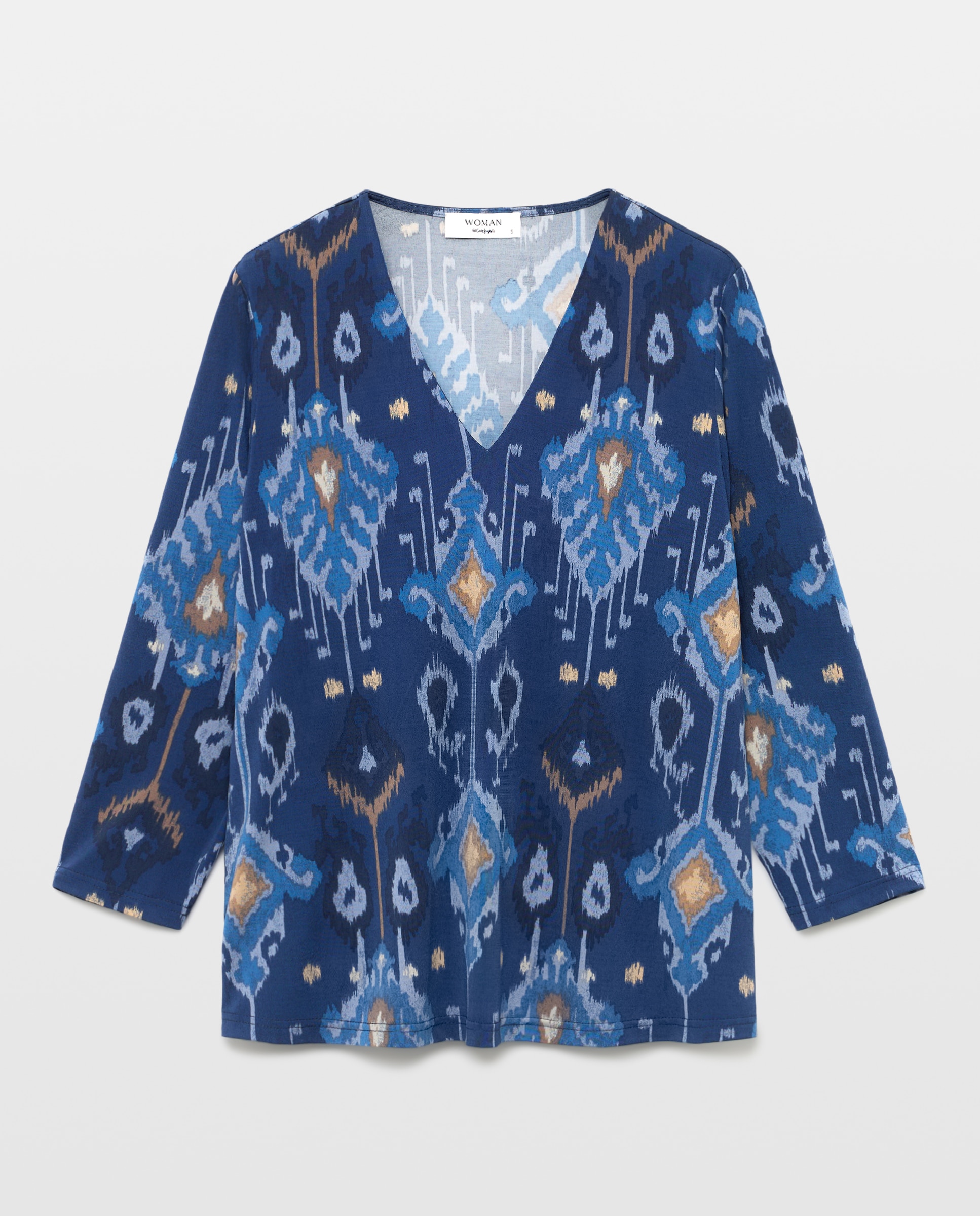T-shirt de mulher com manga curta e decote em bico Azul-4