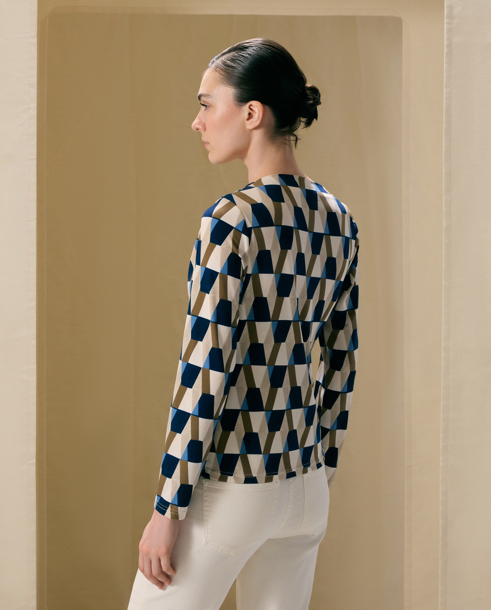 Camisola de mulher com estampado geométrico e manga comprida Azul-3