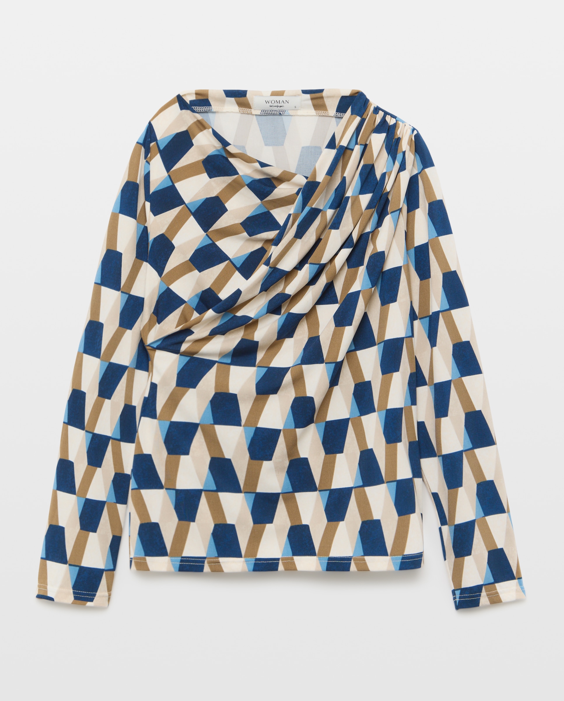 Camisola de mulher com estampado geométrico e manga comprida Azul-4