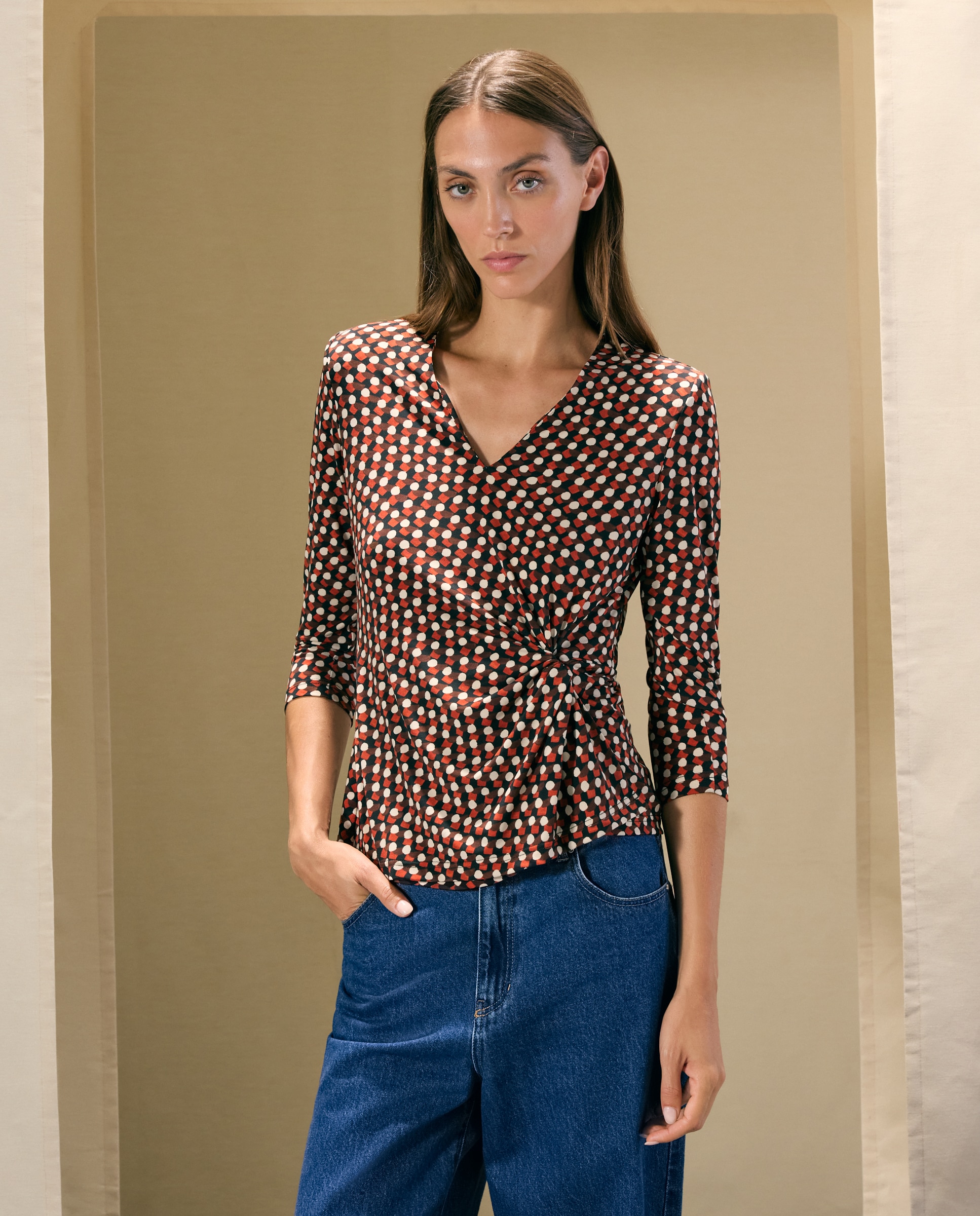 Camisola estampada de mulher com manga comprida Castanho-2