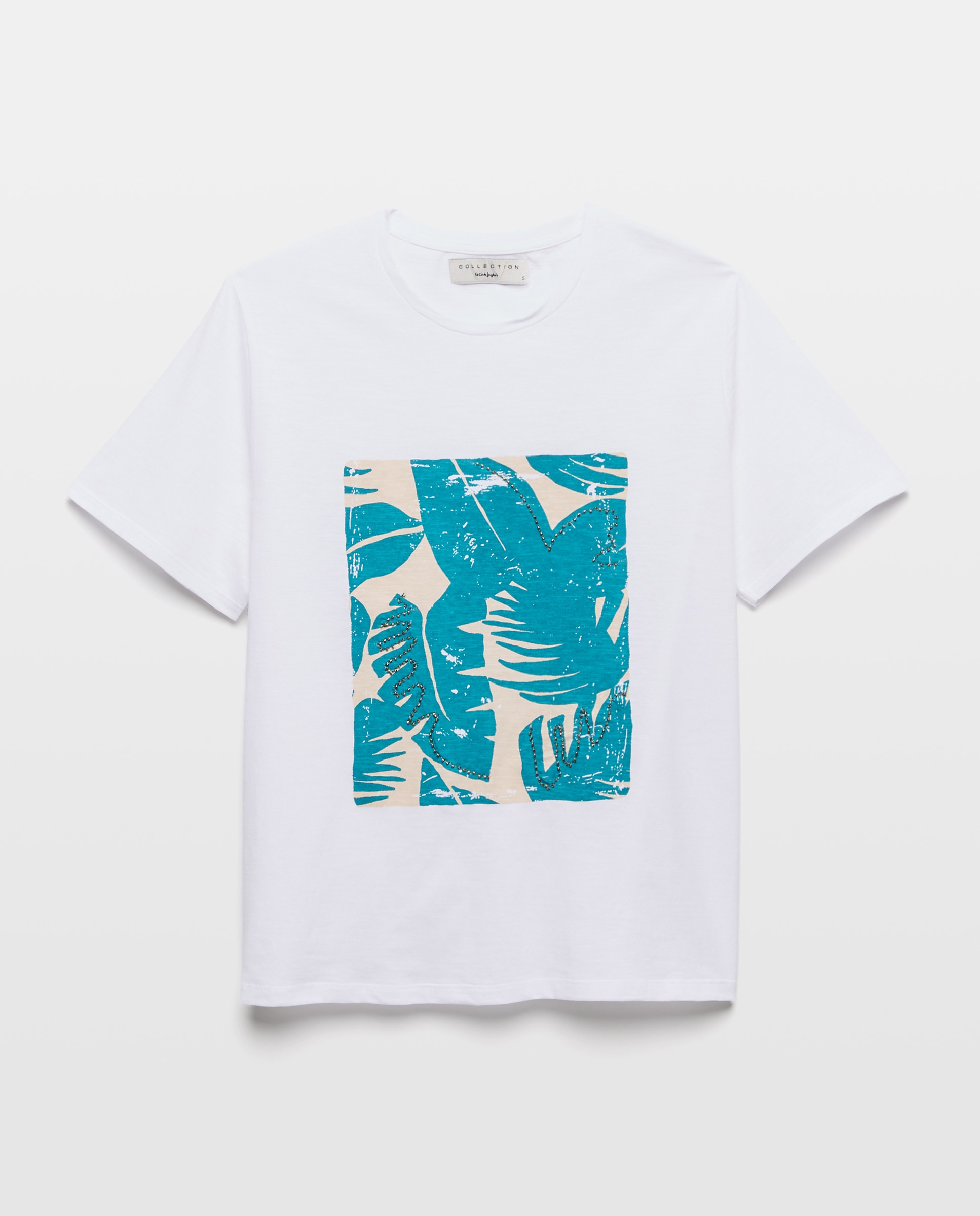 T-shirt de Manga Curta com Desenho Posicional de Folha 450 Turquesa-4