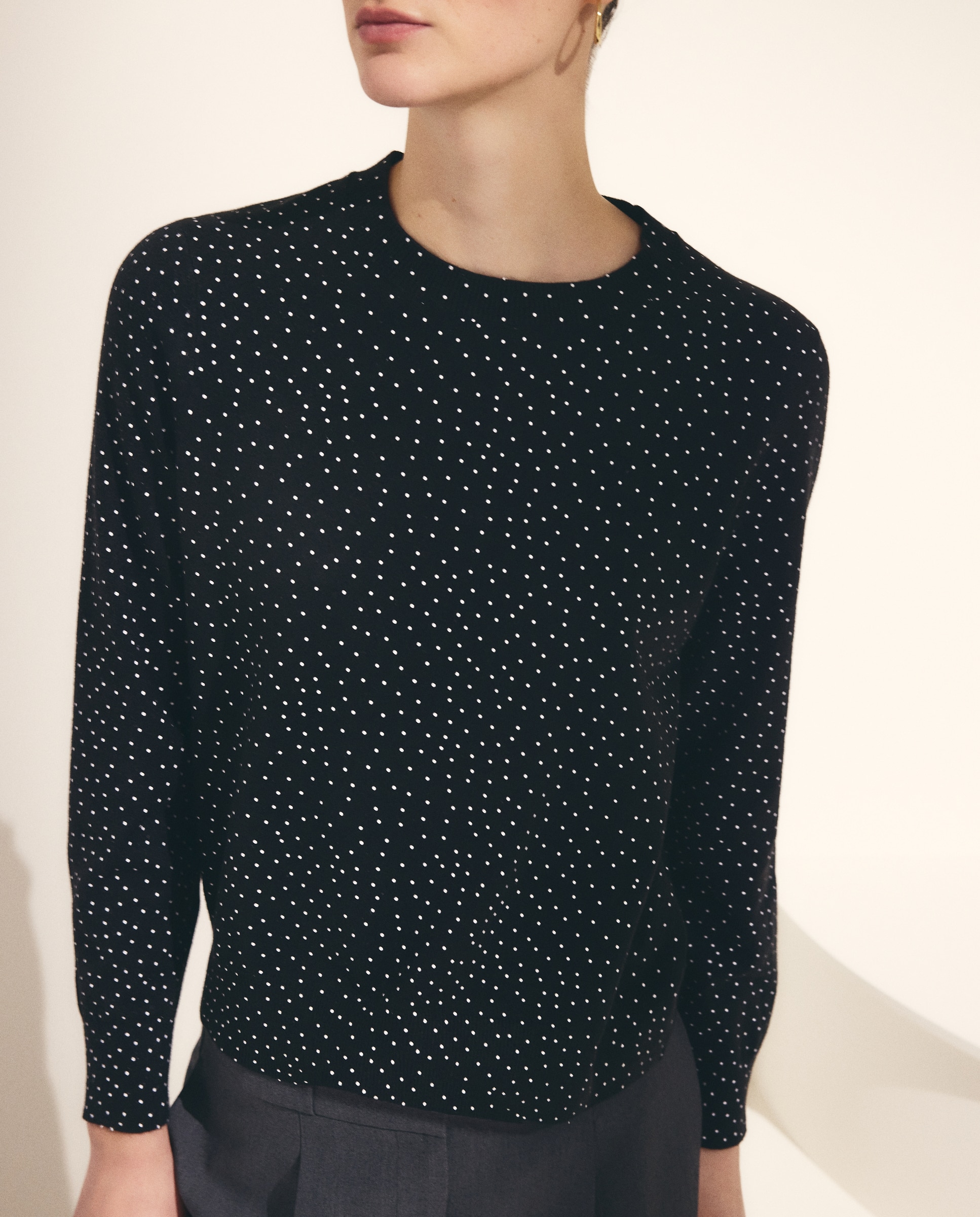Camisola de Malha com Decote Redondo e Estampado às Bolinhas Preto-4