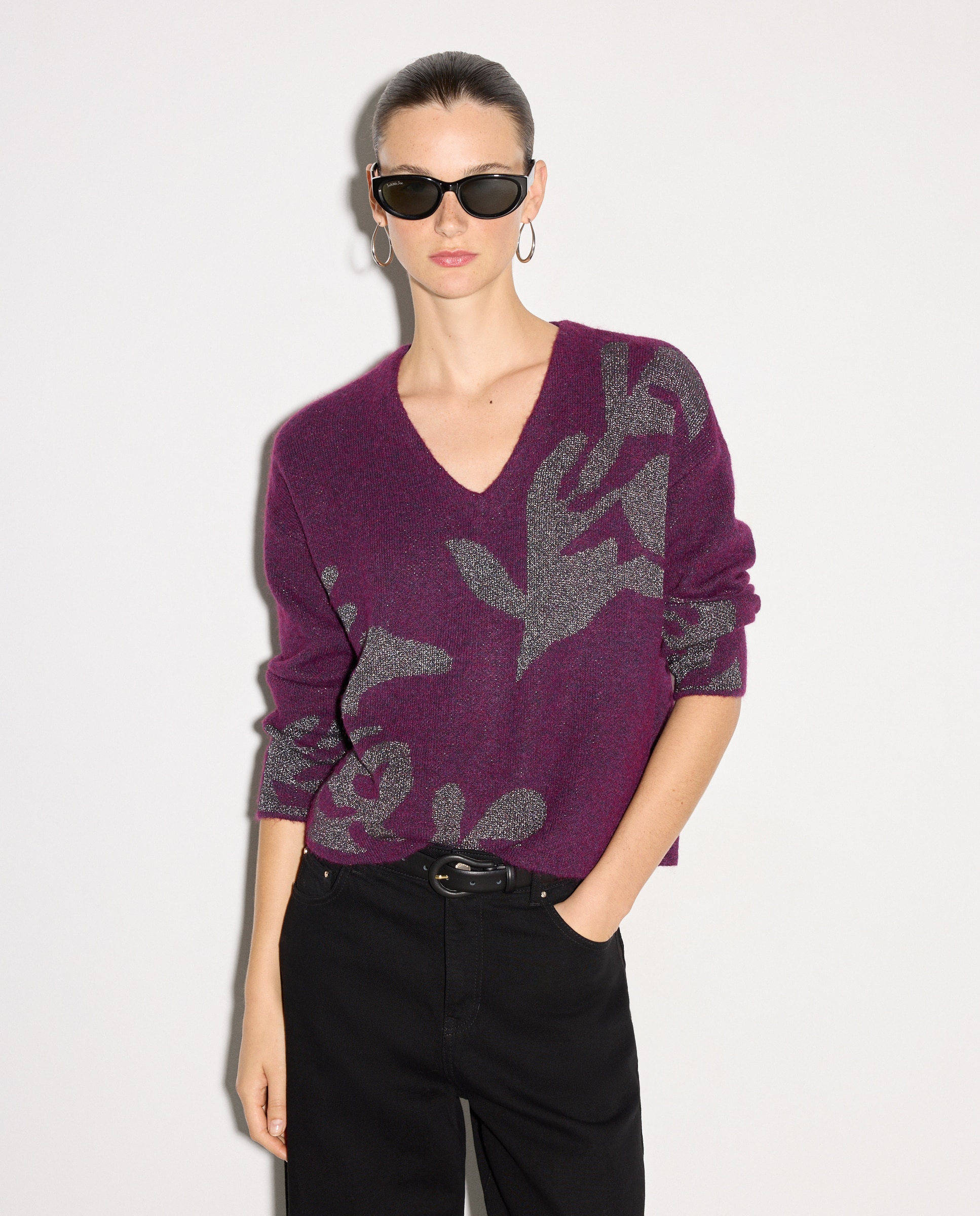 Camisola de Malha Jacquard com Decote em Bico Ameixa-1