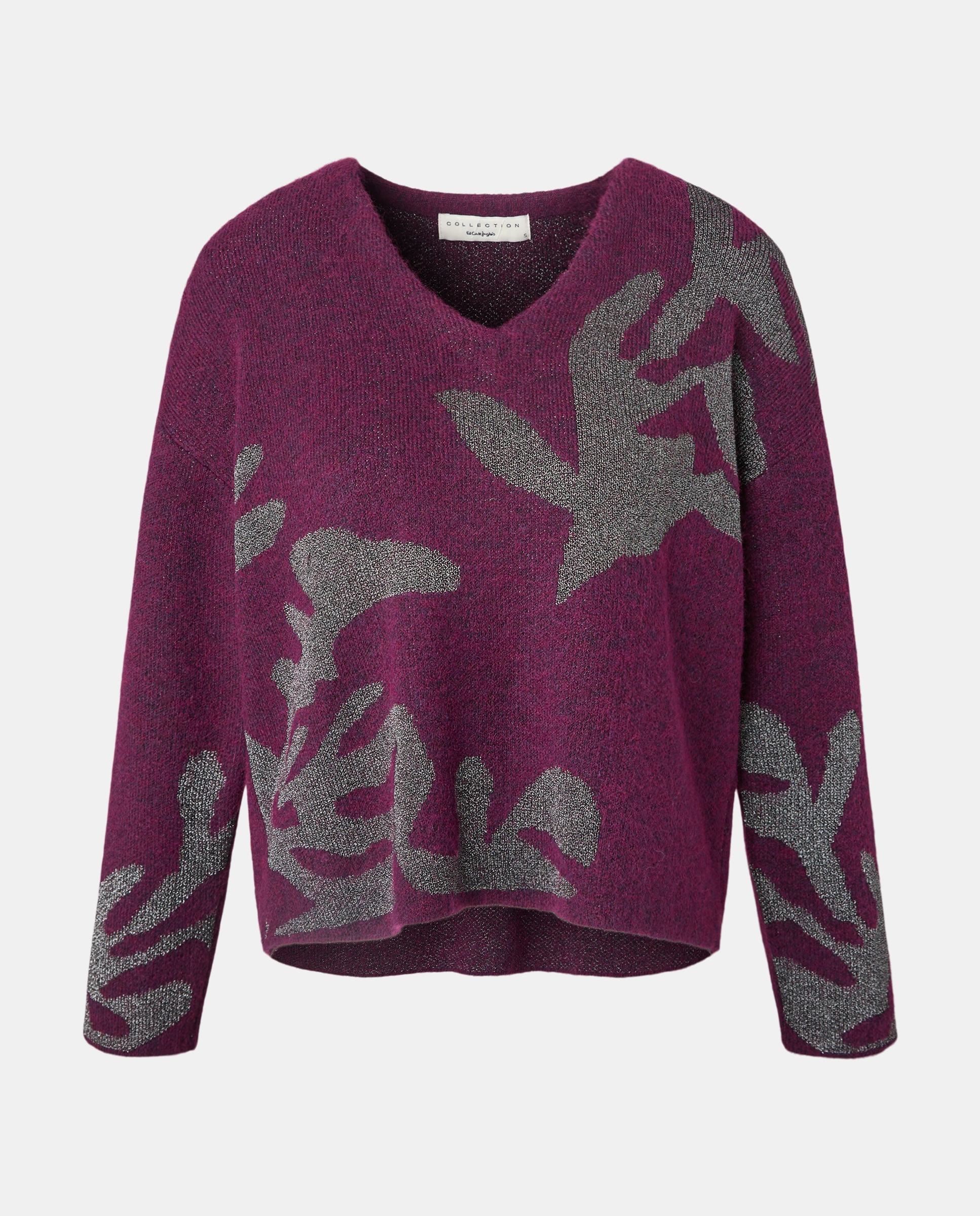 Camisola de Malha Jacquard com Decote em Bico Ameixa-4