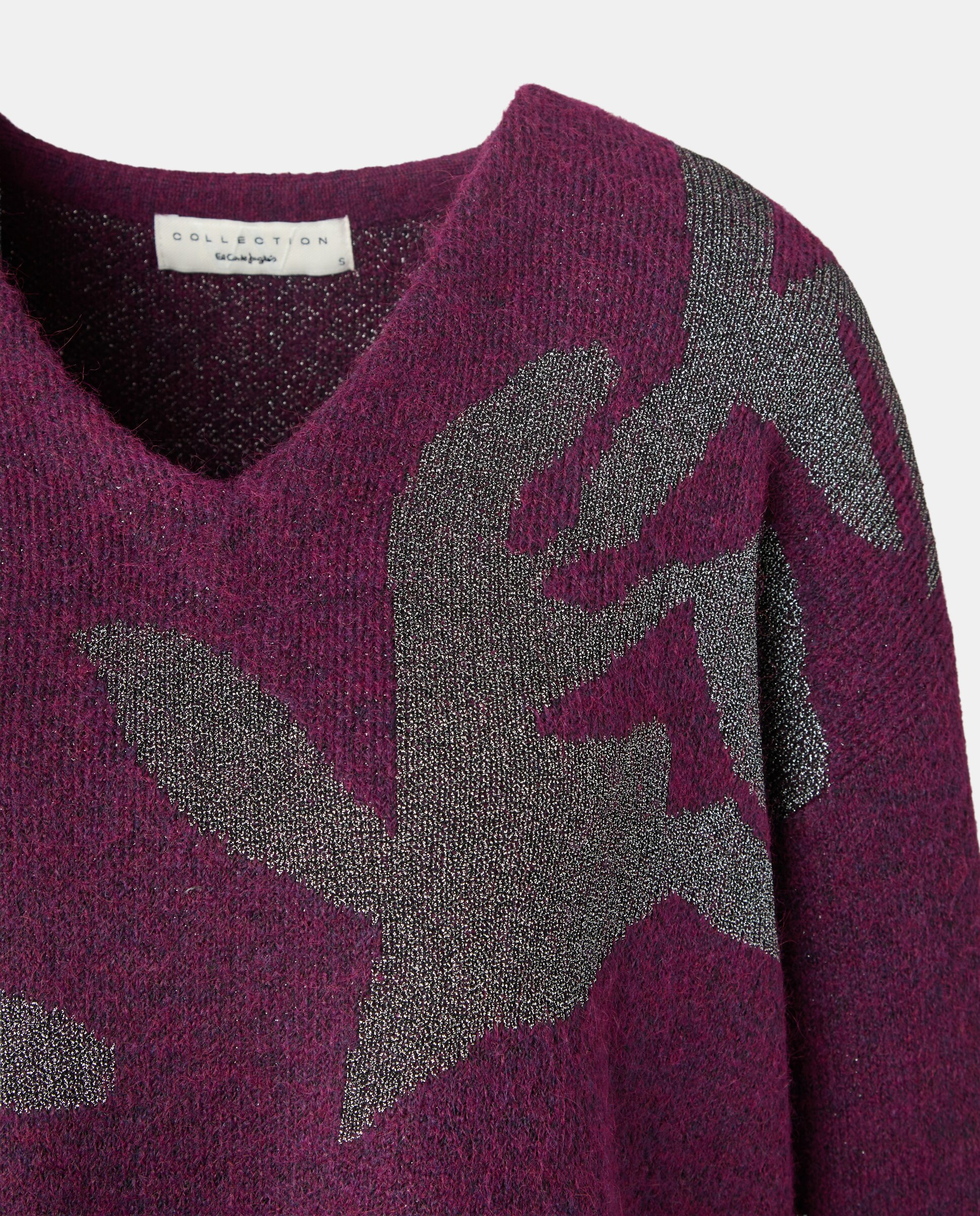 Camisola de Malha Jacquard com Decote em Bico Ameixa-5