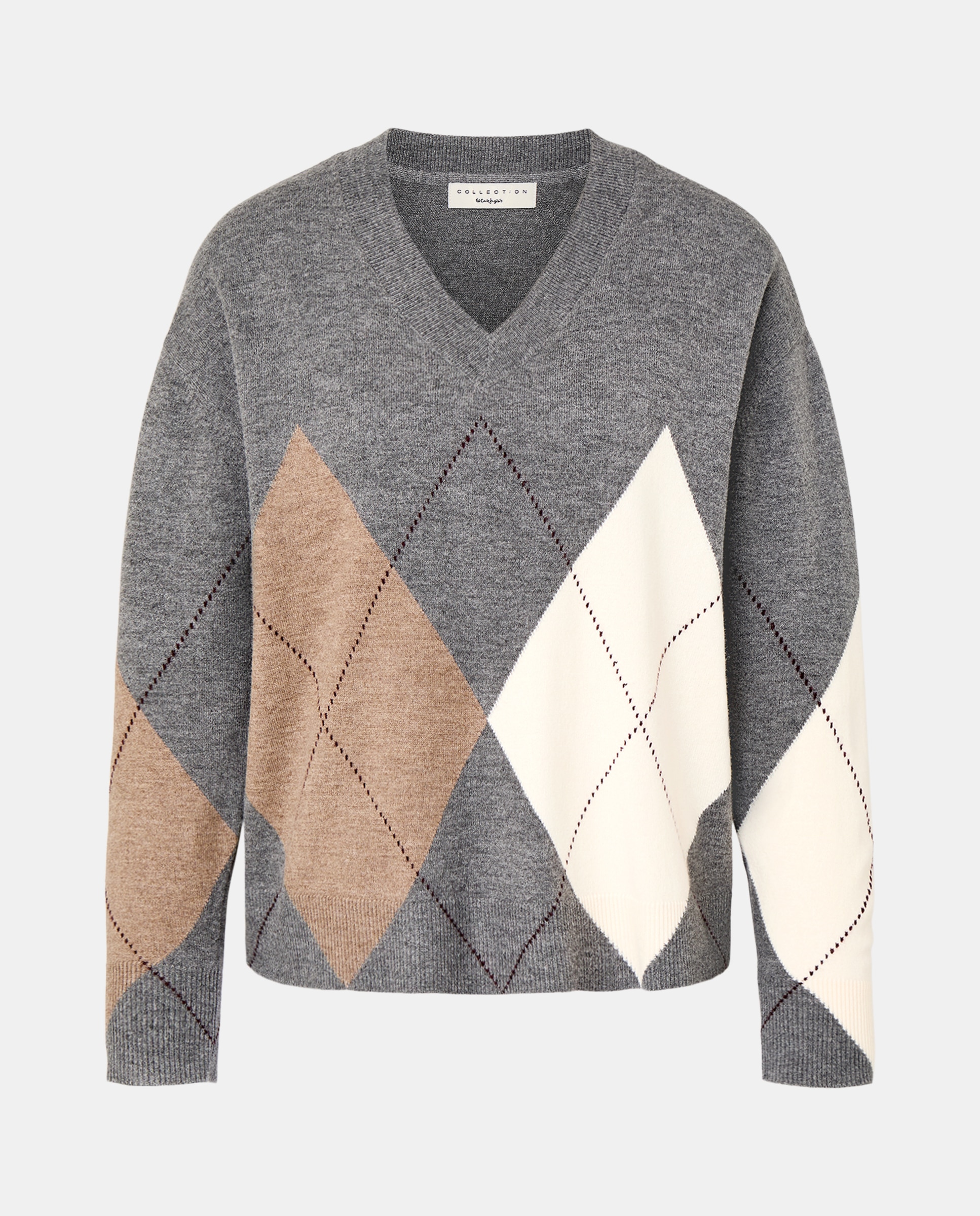 Camisola de Malha com Decote em Bico e Losango 820 Cinzento Médio-4