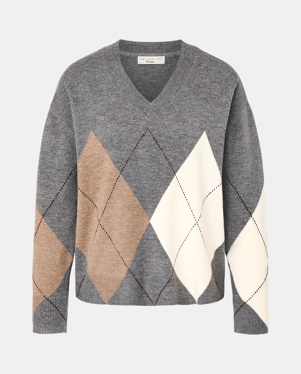 Camisola de Malha com Decote em Bico e Losango 820 Cinzento Médio-4