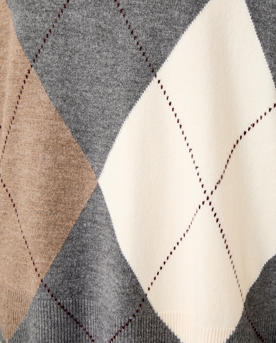 Camisola de Malha com Decote em Bico e Losango 820 Cinzento Médio-5