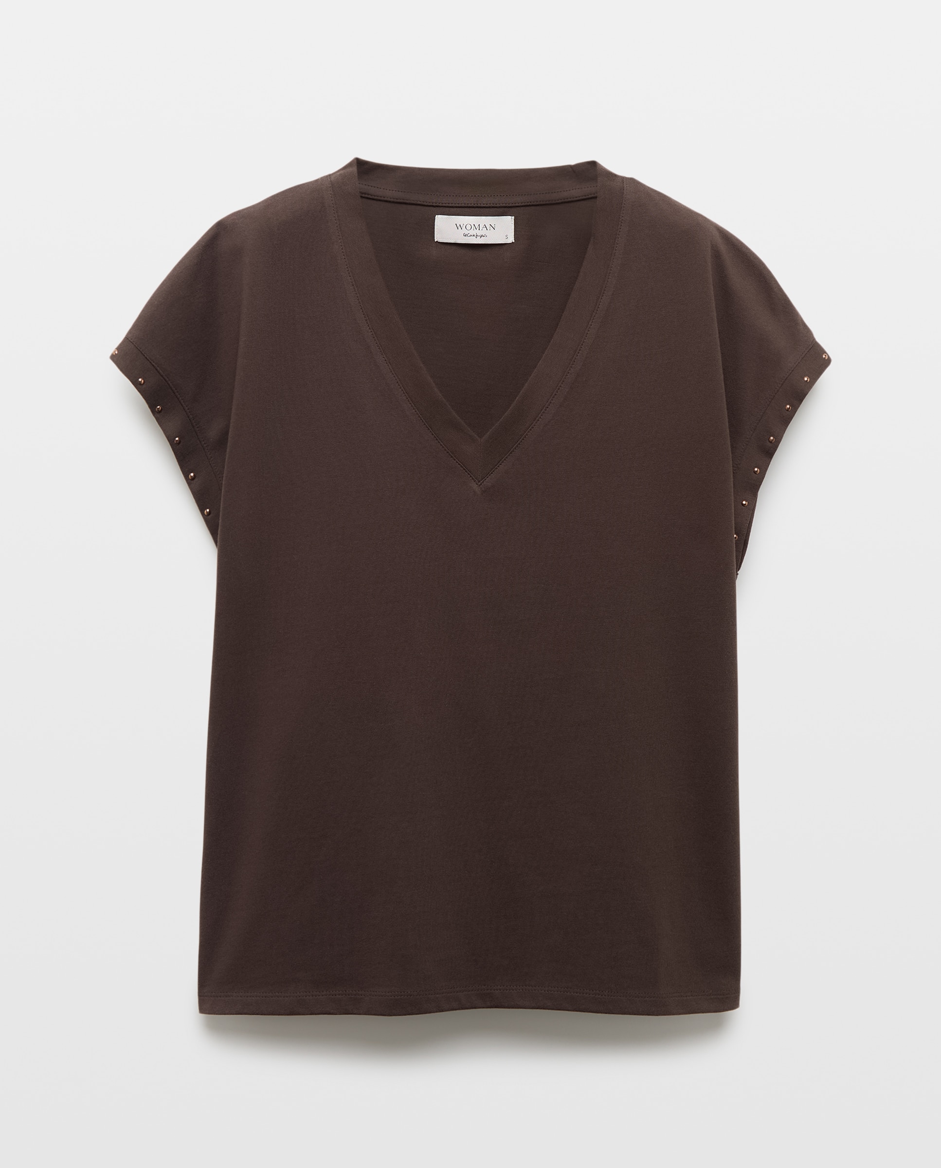 Camiseta de mujer manga corta con cuello pico y tachas en mangas - Woman El Corte Inglés - Chocolate Chocolate-5