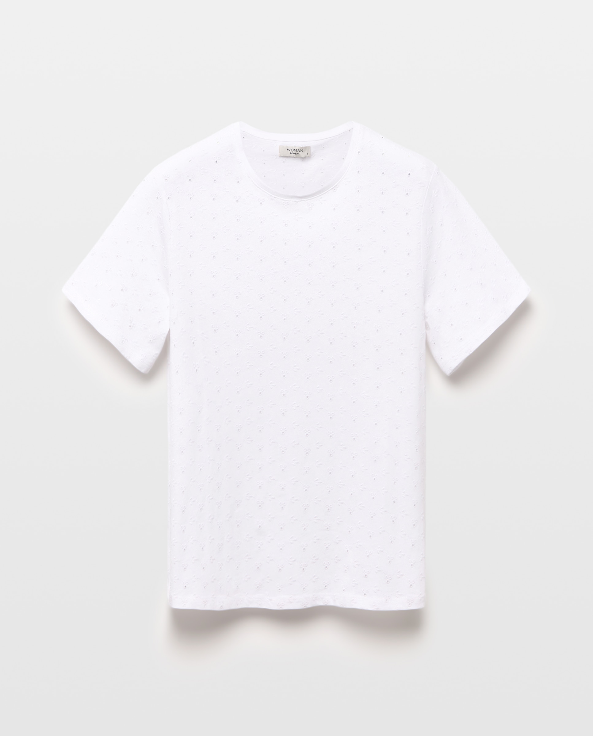 Woman El Corte Inglés - Camiseta romántica de mujer de manga corta con cuello troquelado de rayas.