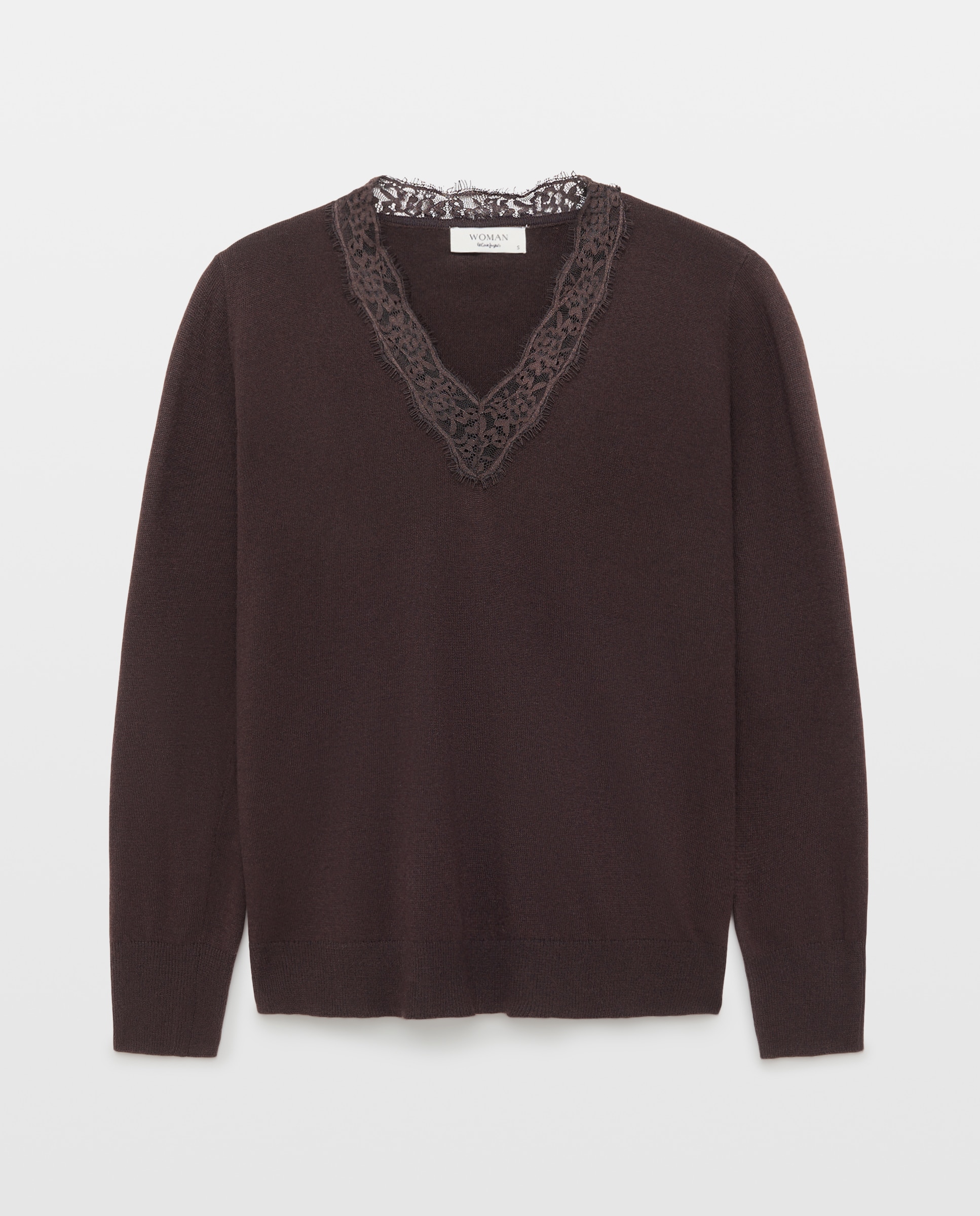 Jersey de mujer con cuello pico y blonda - Woman El Corte Inglés - Marrón Marrón-4