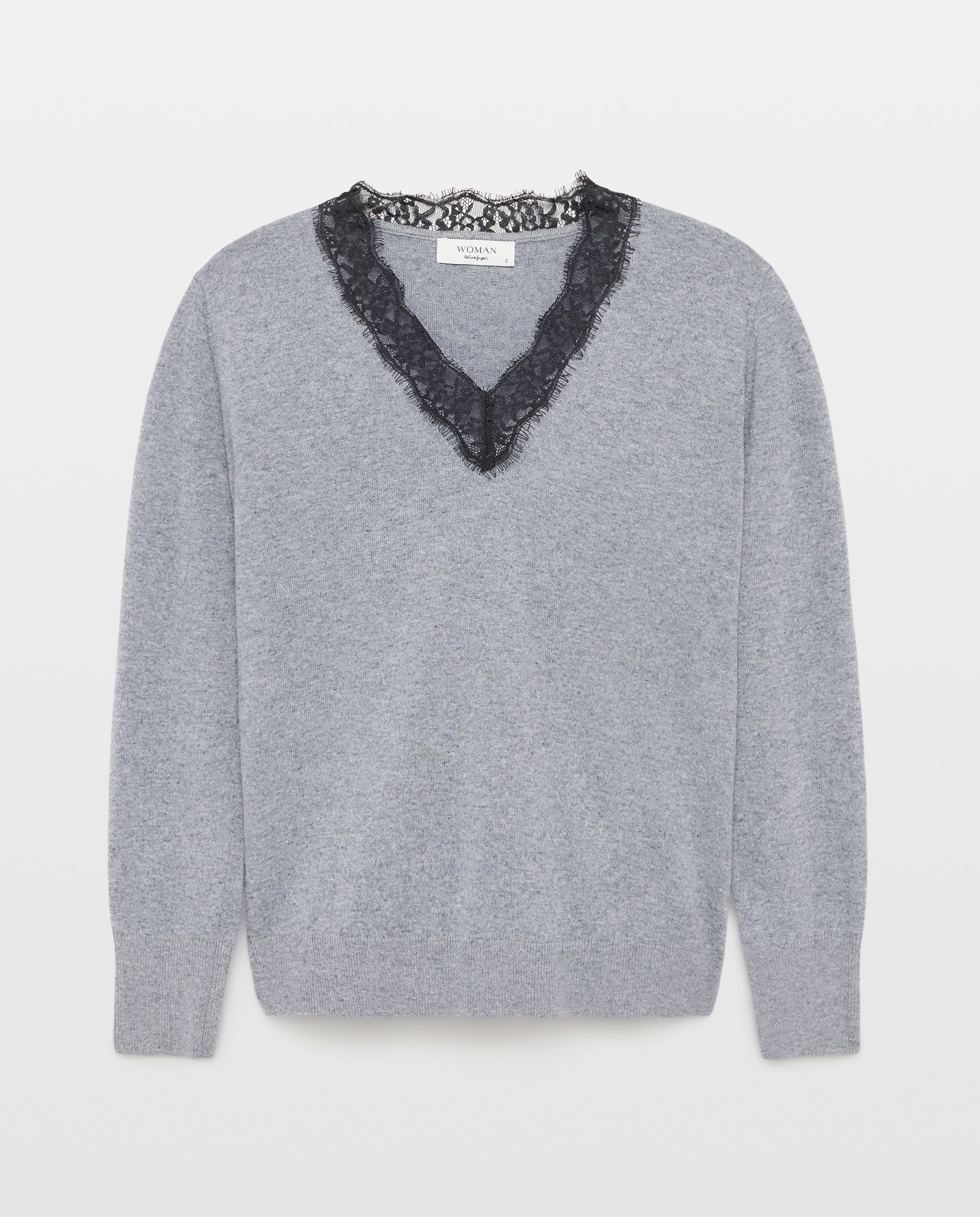 Jersey de mujer con cuello pico y blonda - Woman El Corte Inglés - 820 Gris medio 820 Gris medio-4