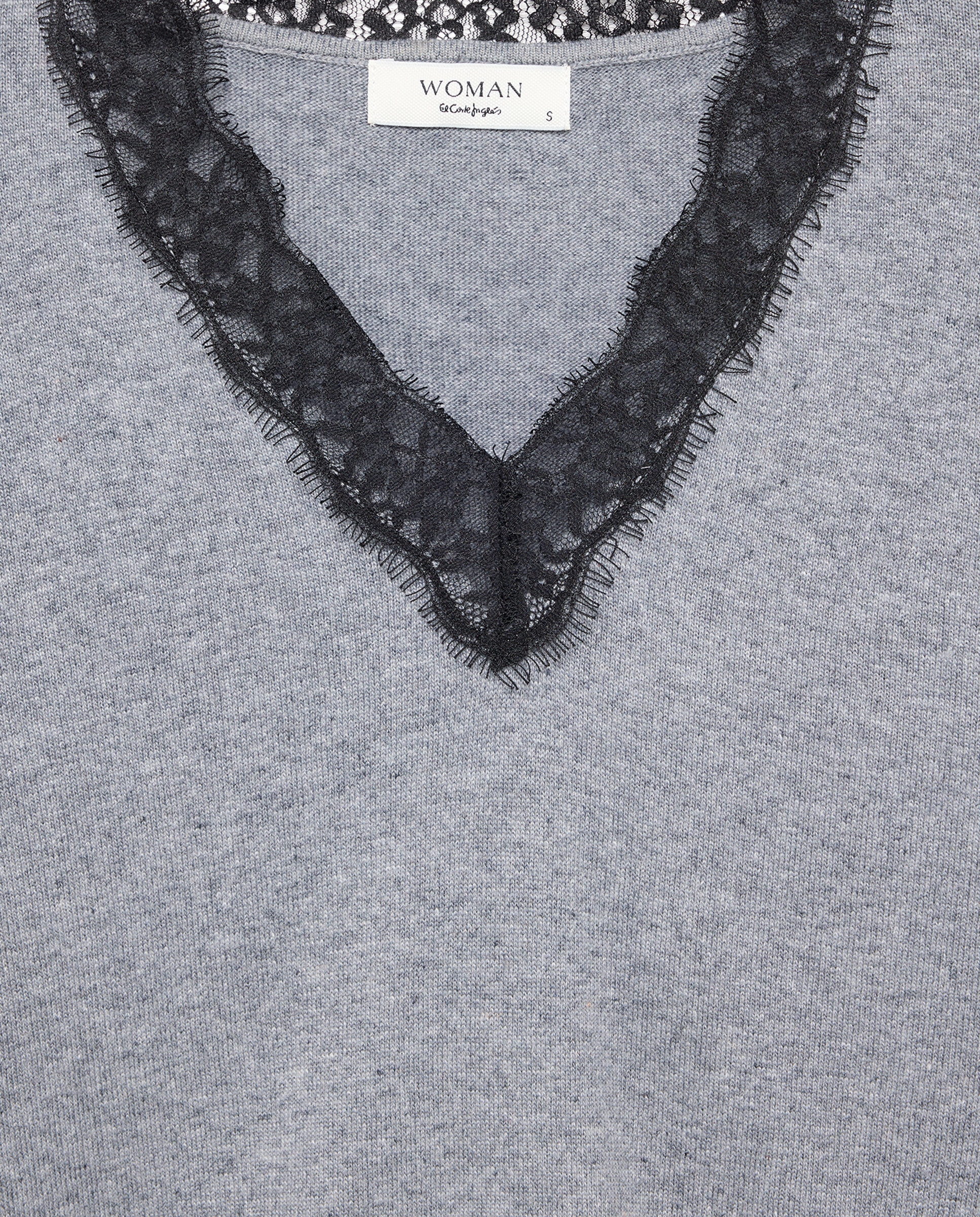 Jersey de mujer con cuello pico y blonda - Woman El Corte Inglés - 820 Gris medio 820 Gris medio-5