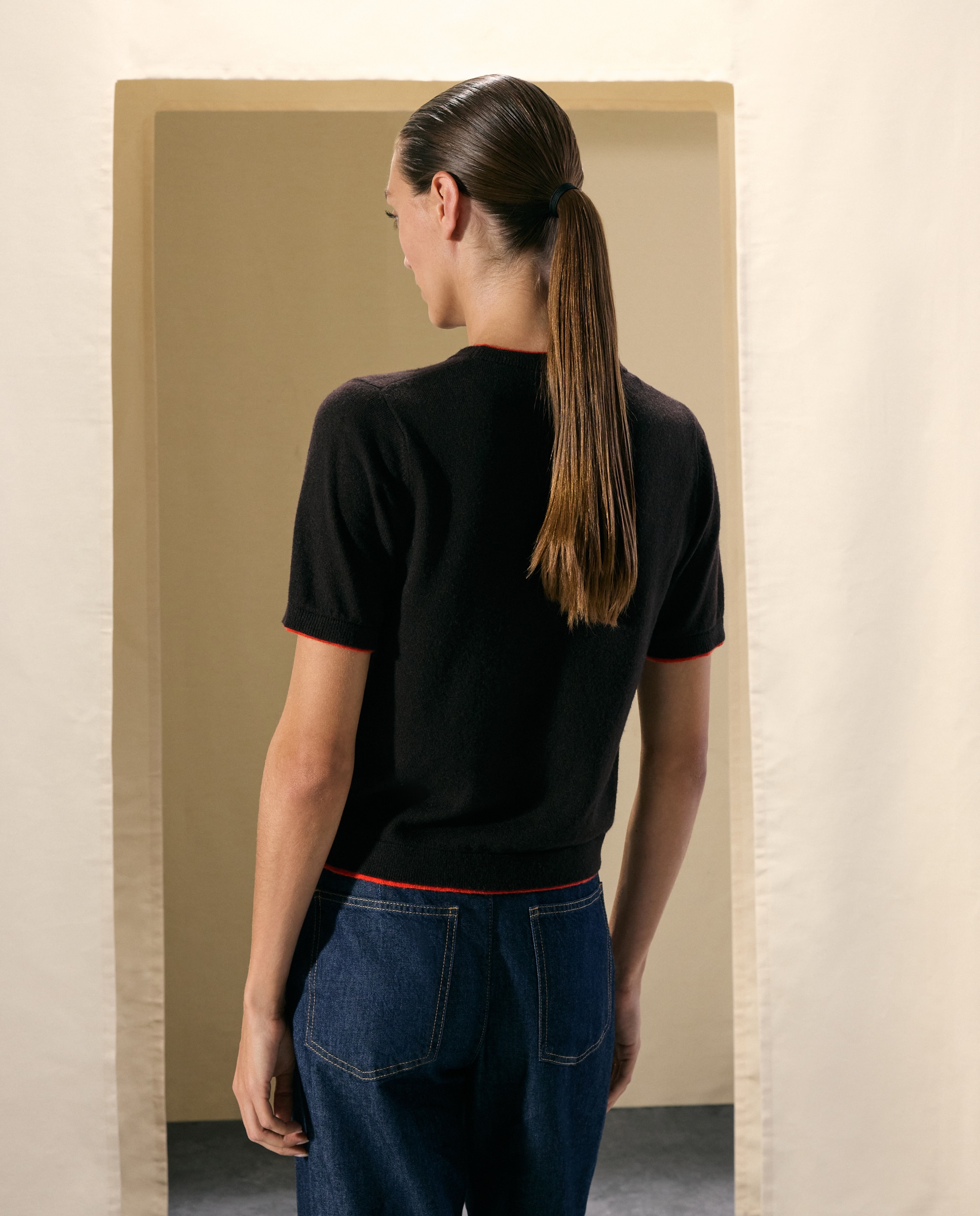 Camisola de Malha com Decote Redondo Bicolor Castanho-2