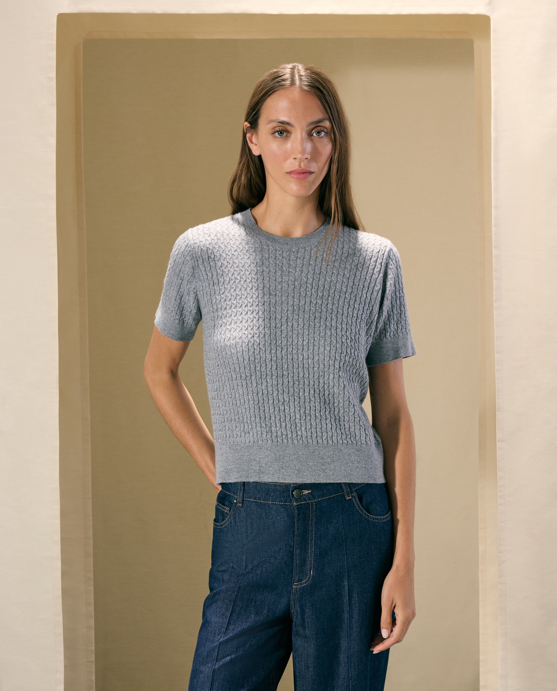 Jersey de mujer con manga corta y cuello caja - Woman El Corte Inglés - 820 Gris medio 820 Gris medio-1