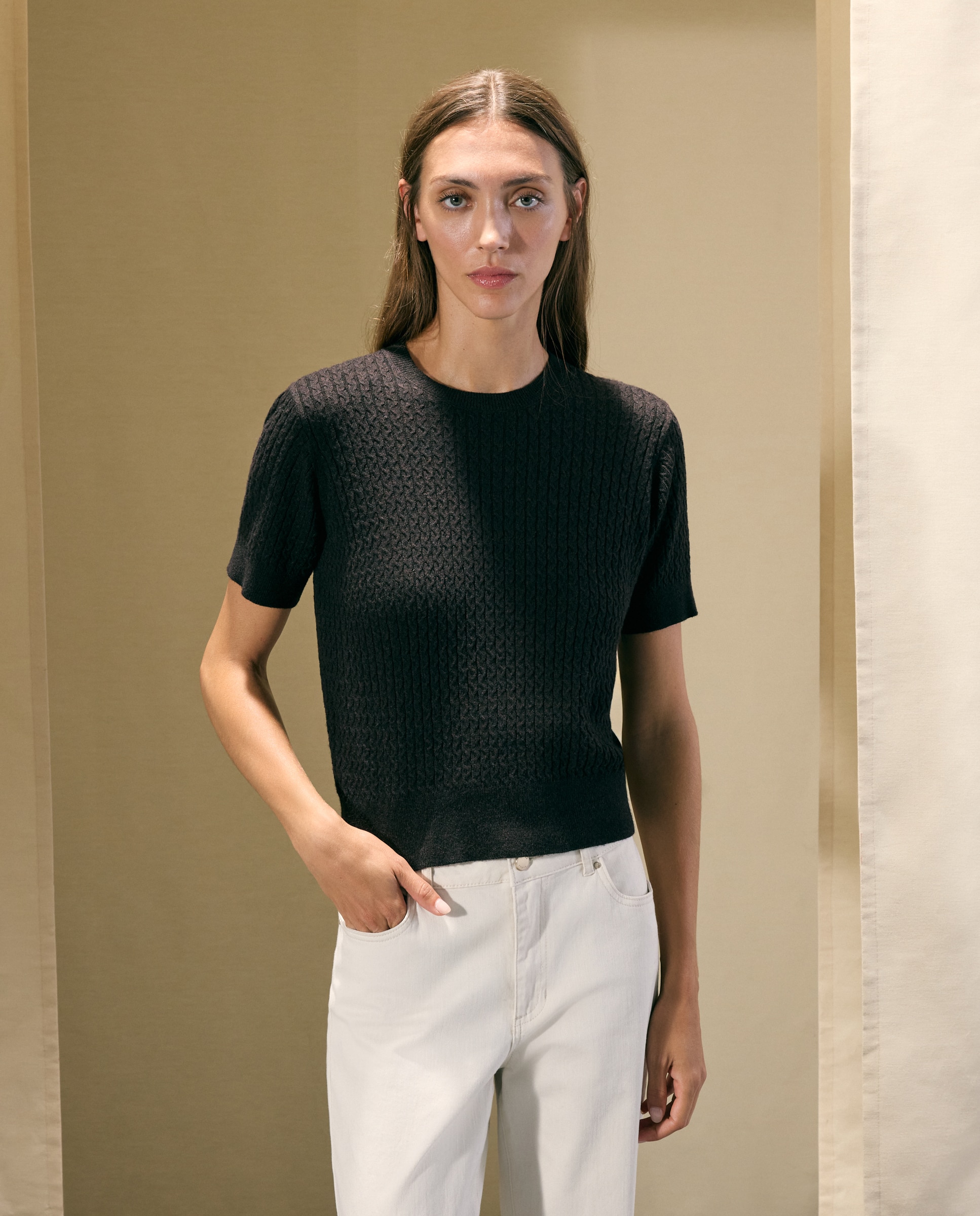 Jersey de mujer con manga corta y cuello caja - Woman El Corte Inglés - Marrón Marrón-1