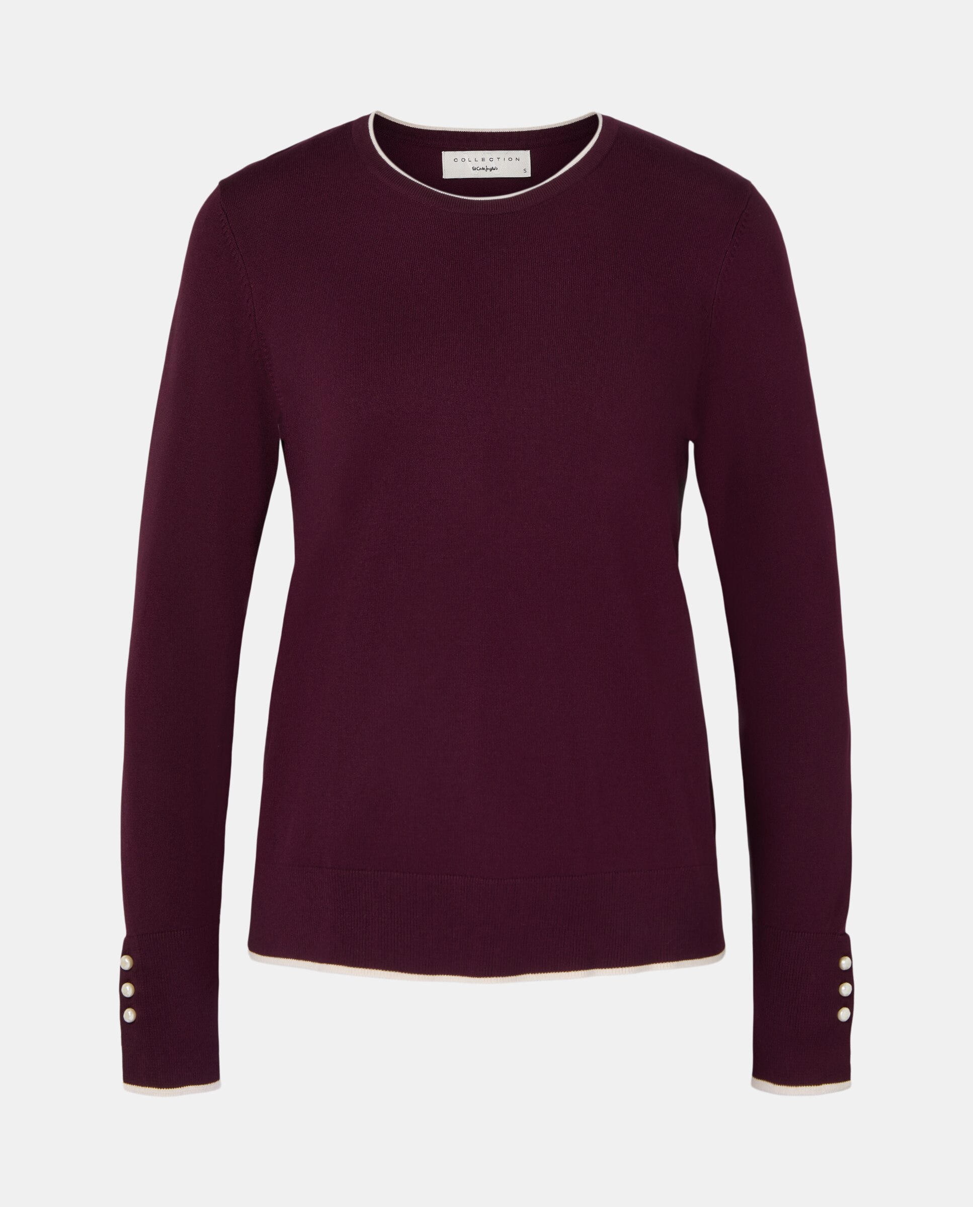 Camisola de Malha com Decote Redondo, Vivos e Botão de Pérola 291 Beringela-4