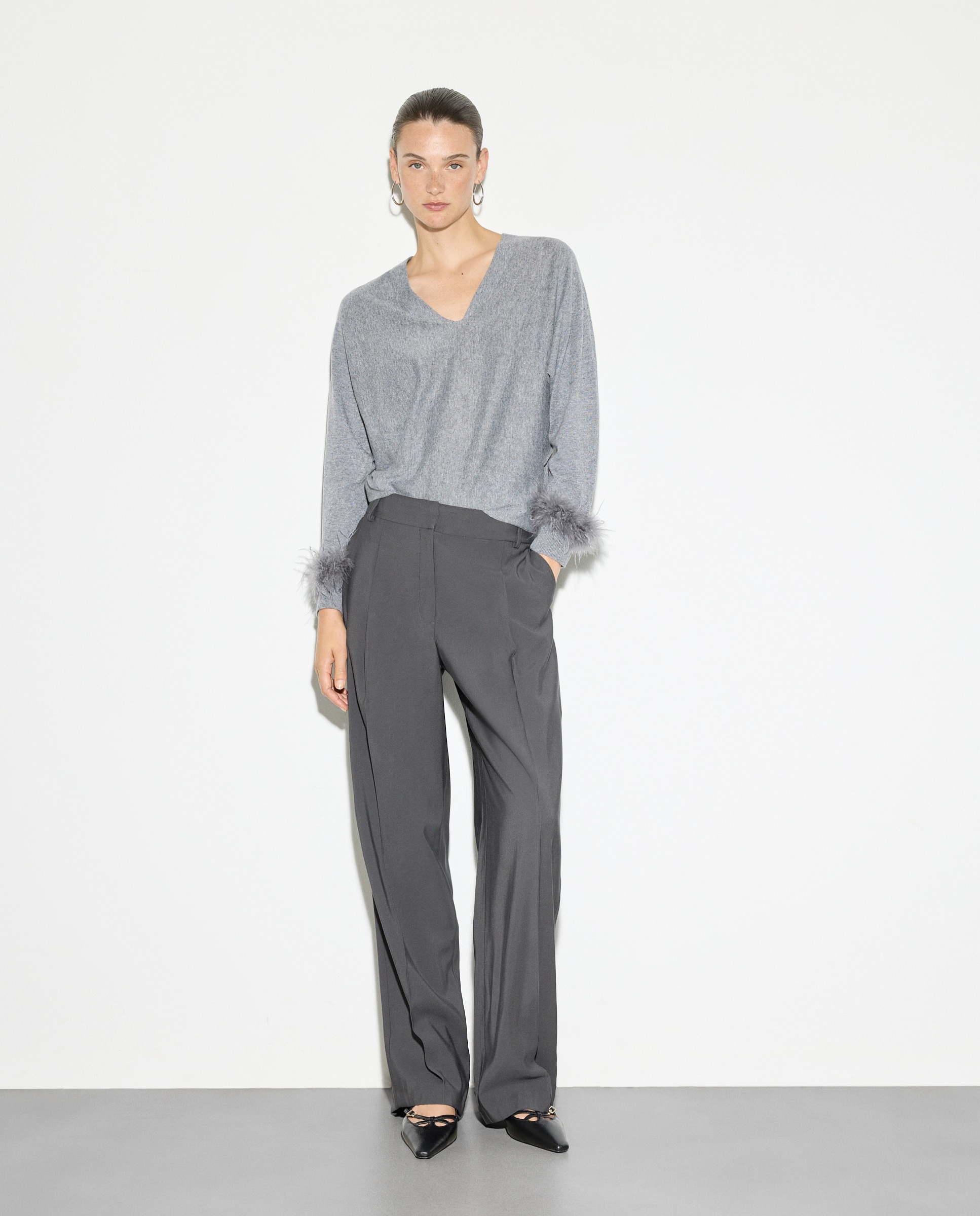 Camisola de Malha Lisa com Decote em Bico 530 Verde Escuro-3