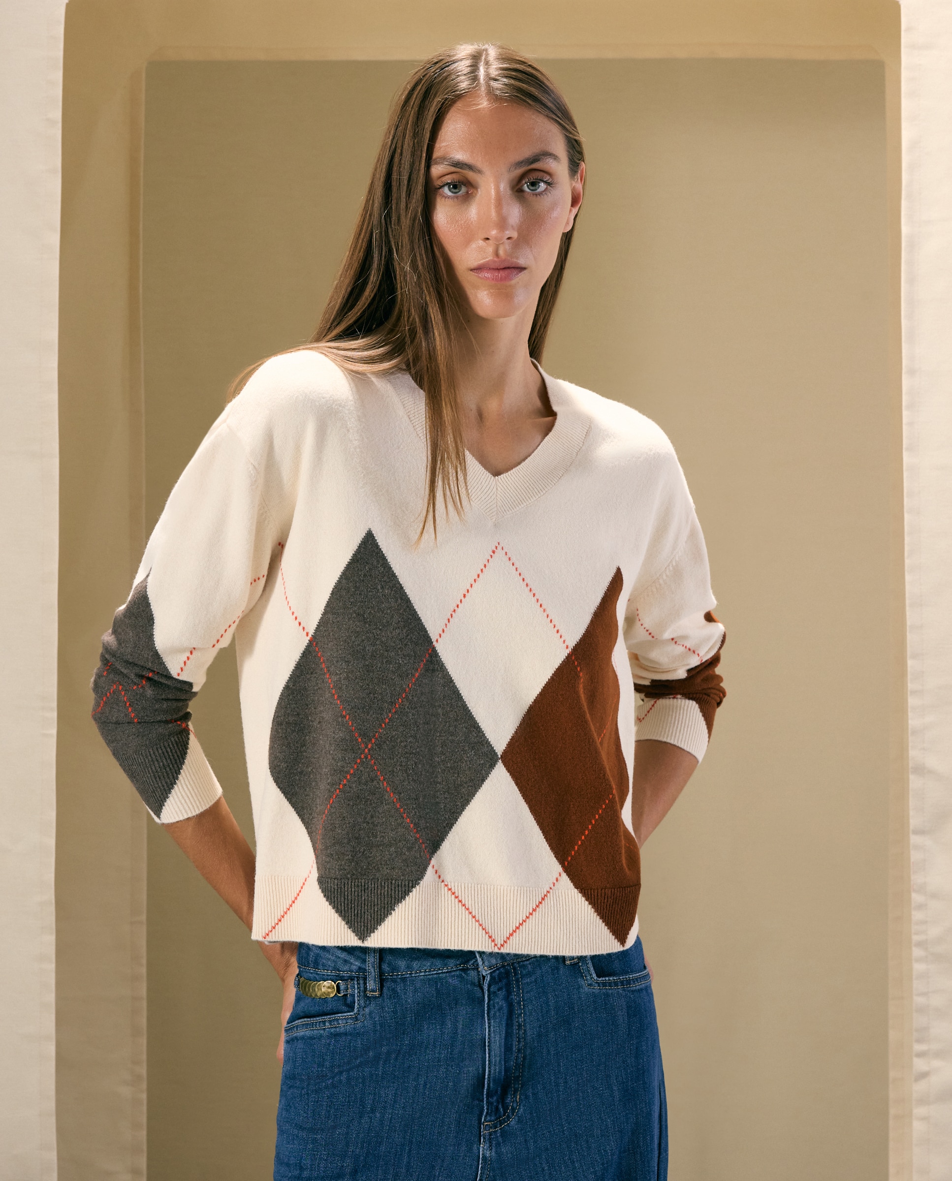 Jersey de mujer con cuello pico y rombos - Woman El Corte Inglés - 120 Crudo 120 Crudo-2