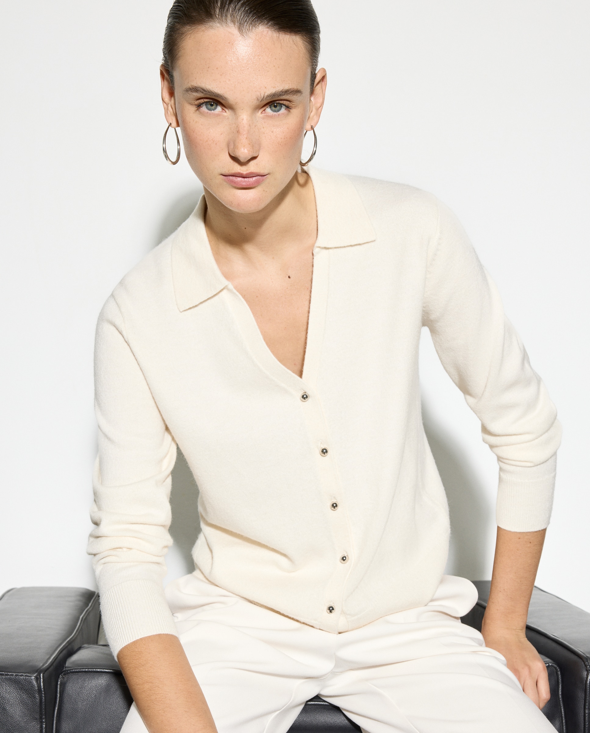 Camisola de Malha Cintada com Colarinho de Polo 120 Cru-1