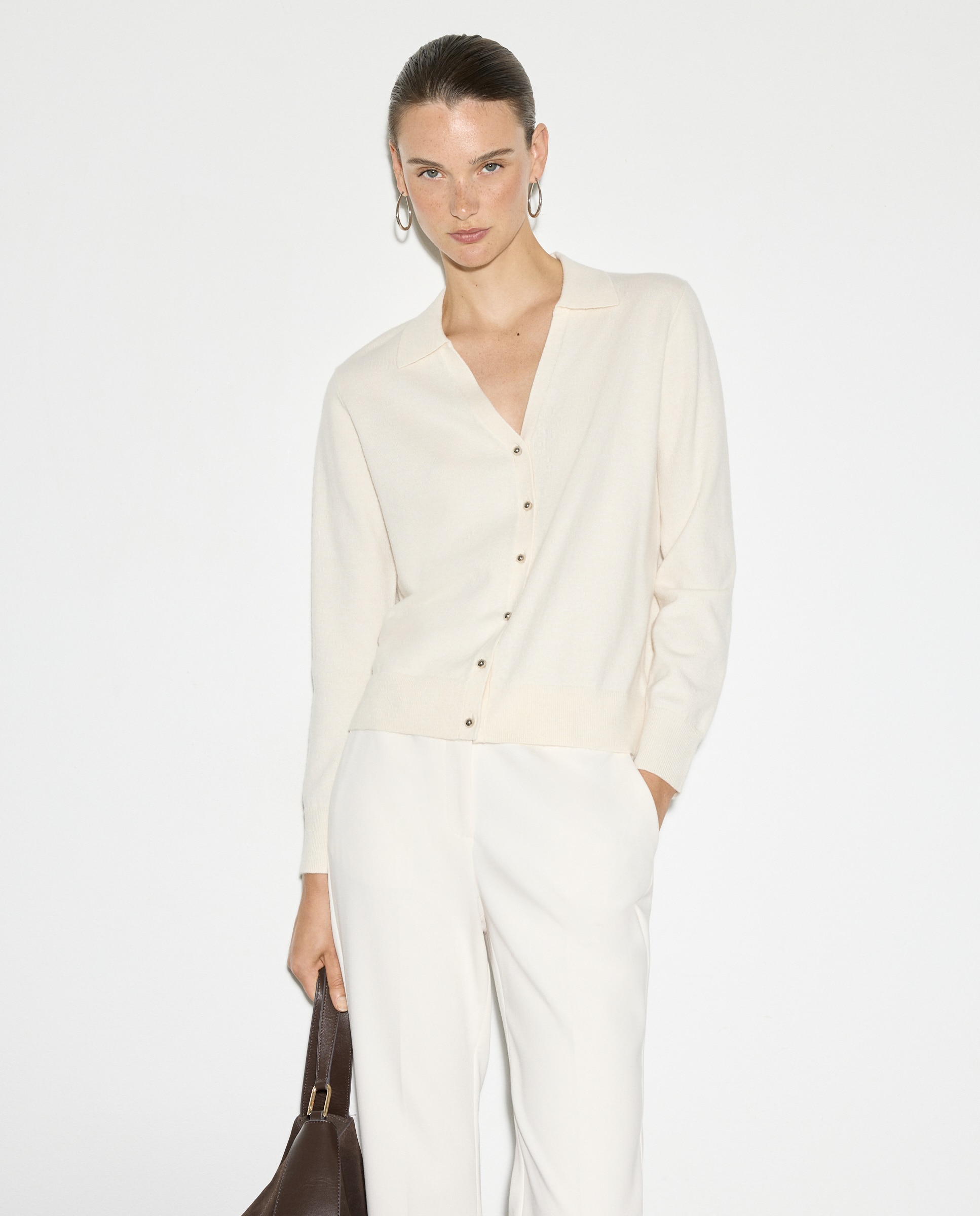 Camisola de Malha Cintada com Colarinho de Polo 120 Cru-4