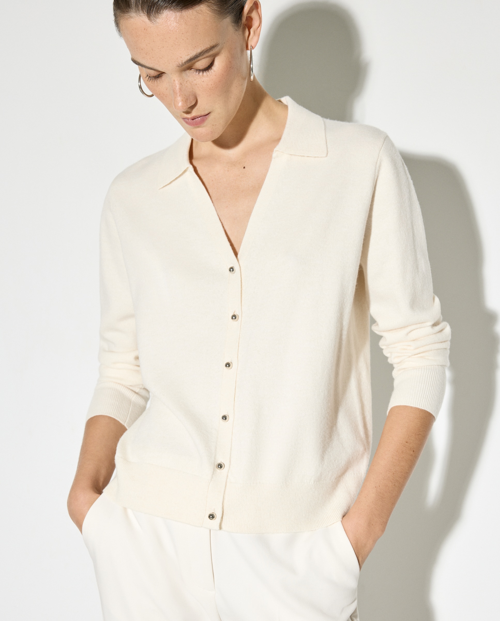 Camisola de Malha Cintada com Colarinho de Polo 120 Cru-5