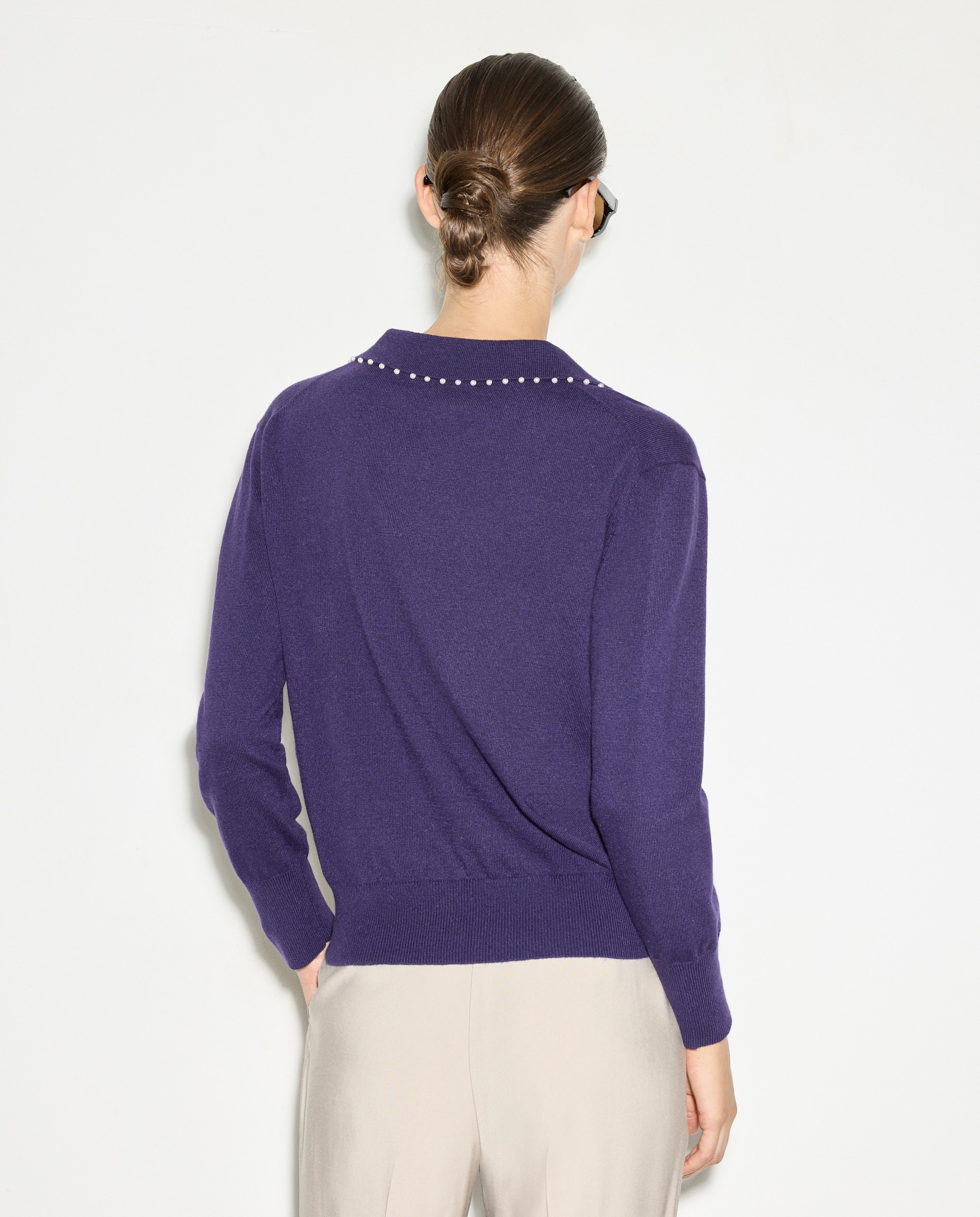 Camisola de Malha Estilo Polo com Botões de Pérolas Preto-3