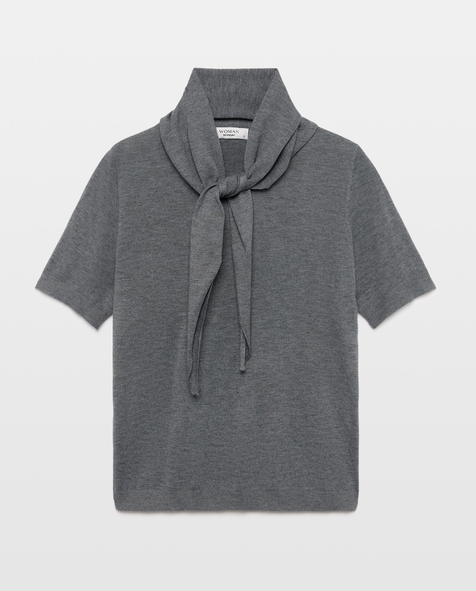 Camisola de Malha de Manga Curta com Laço na Gola Cinzento-claro-5