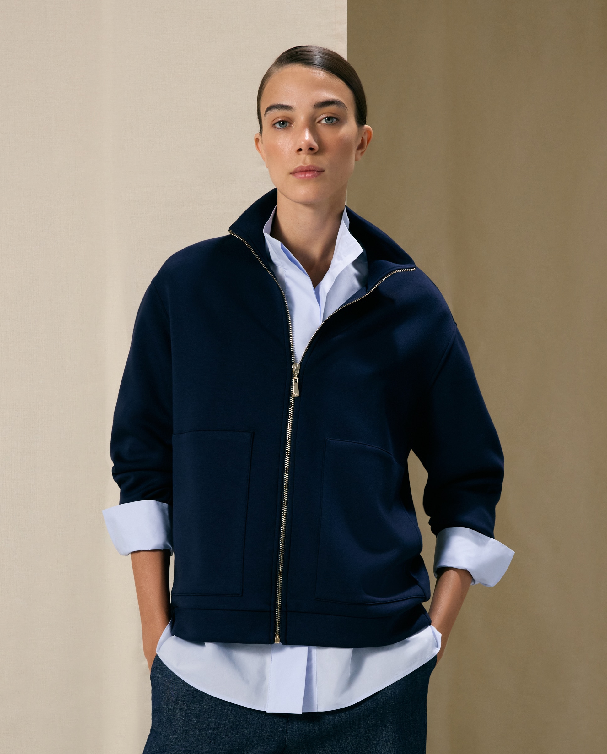 Sudadera con cremallera de mujer en cupro - Woman El Corte Inglés - Azul marino Azul marino-1