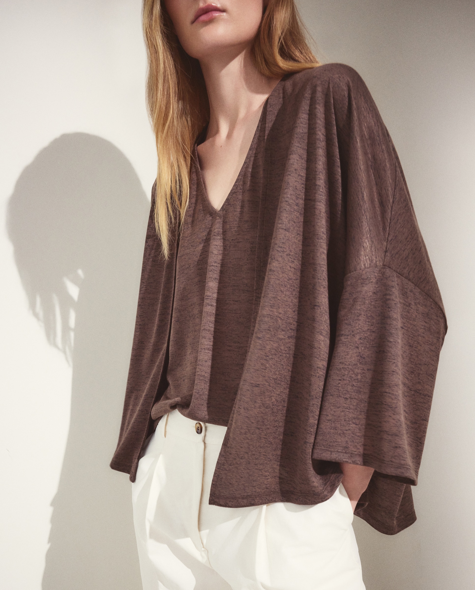 Casaco Tipo Kimono Liso Castanho-4