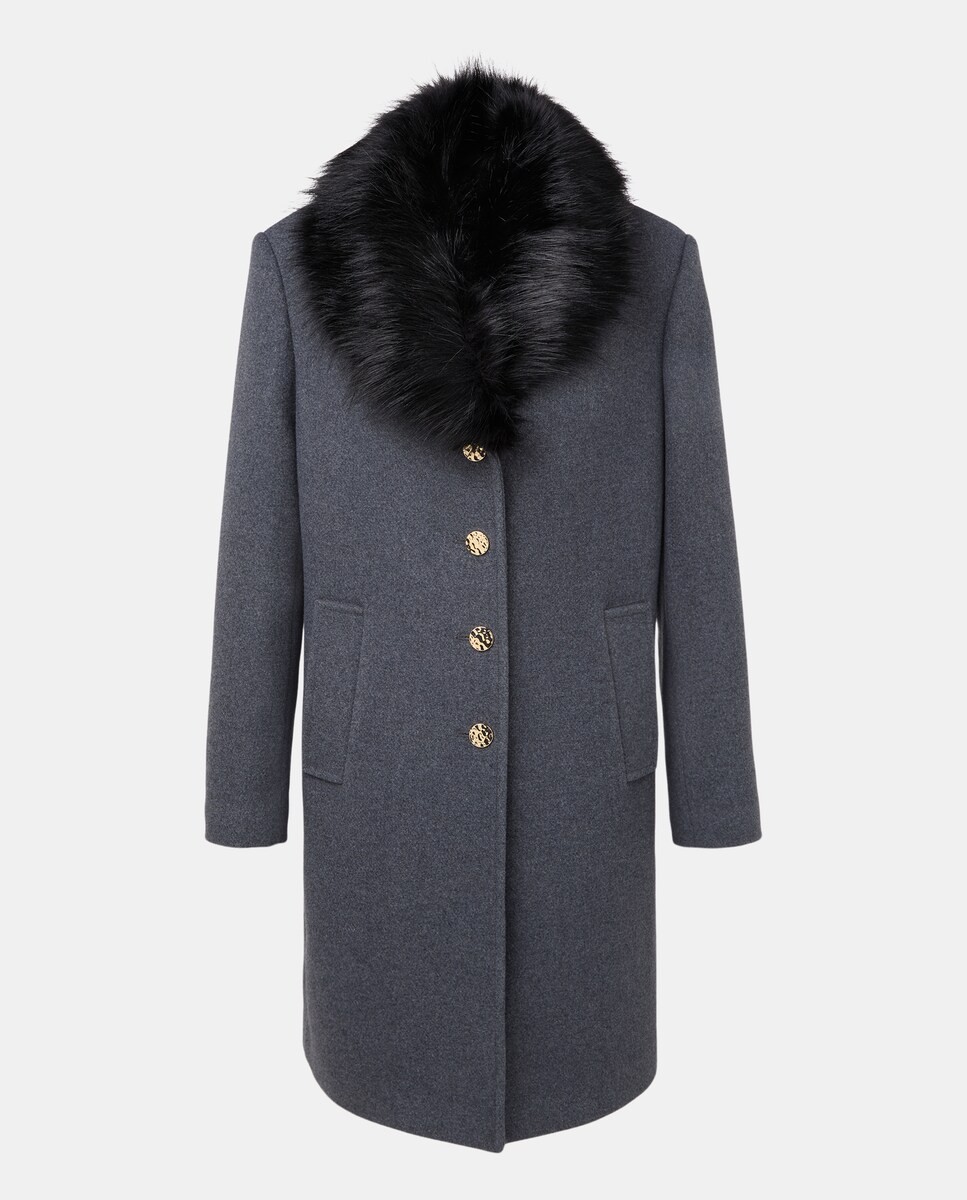 Sobretudo Tipo Alfaiate com Pelo e Botão Dourado 820 Cinzento Médio-5