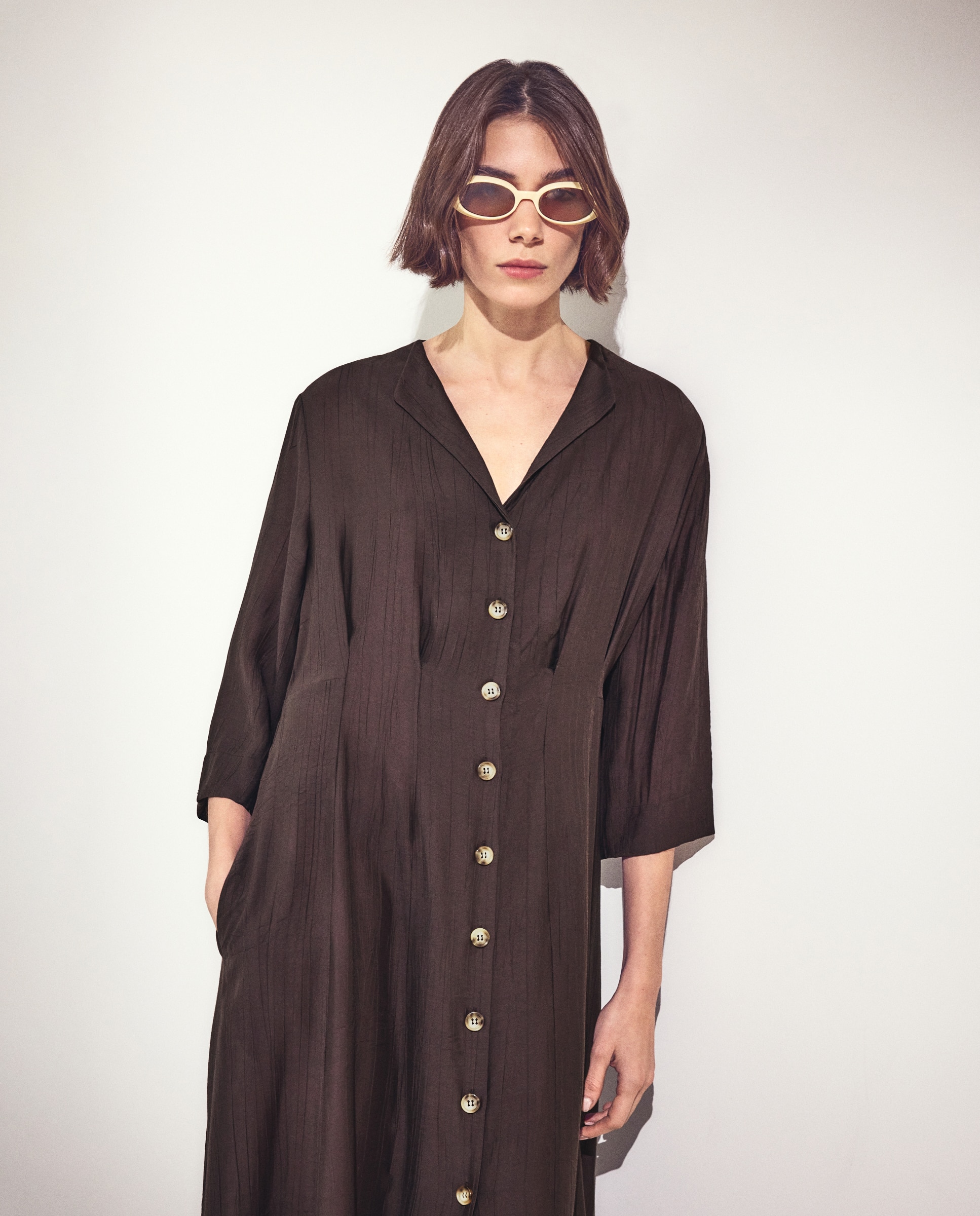 Vestido liso de manga corta para mujer Chocolate