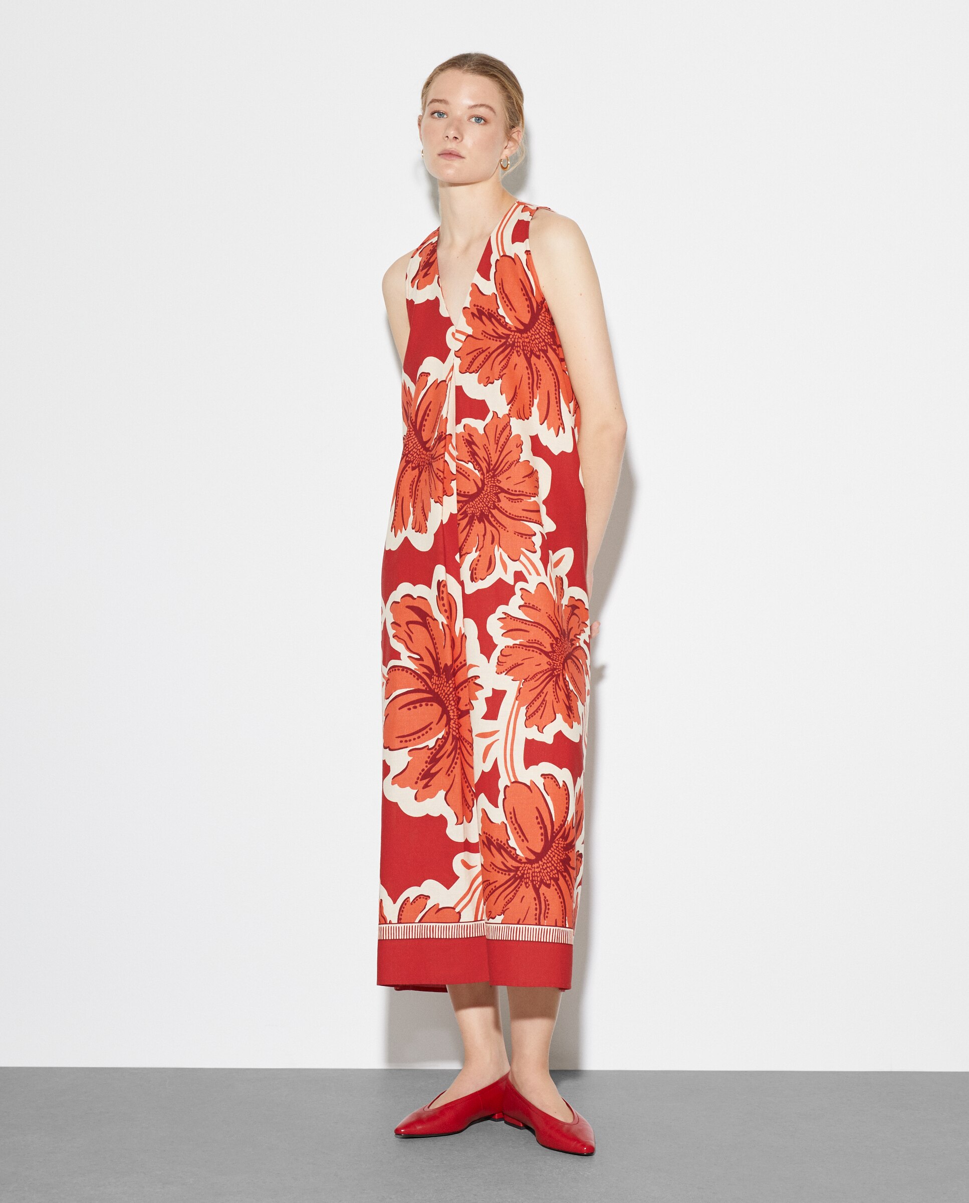 Vestido sem Mangas Comprido com Estampado Vermelho-3