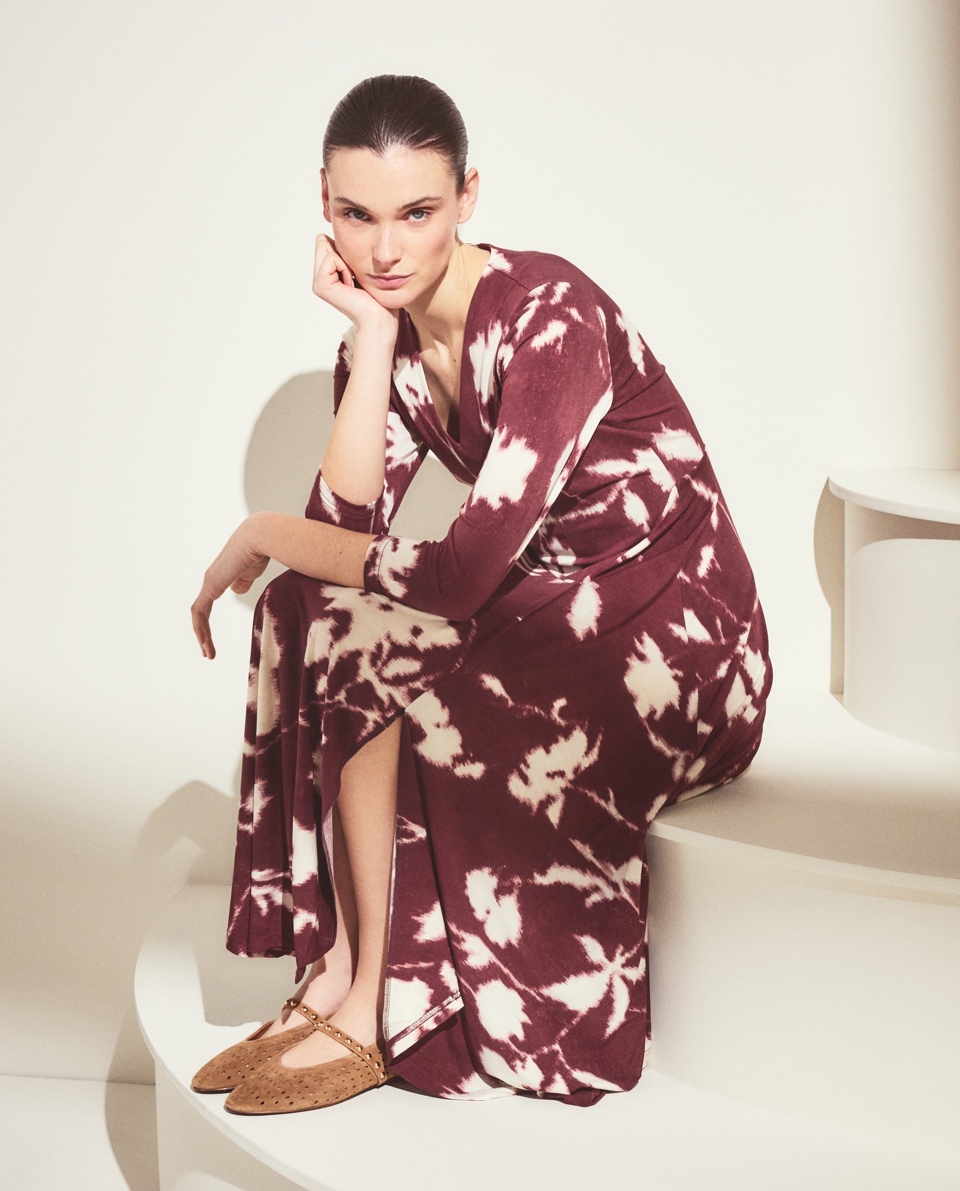 Vestido ITY Estampado com Decote em Bico e Manga Comprida Rosa-2