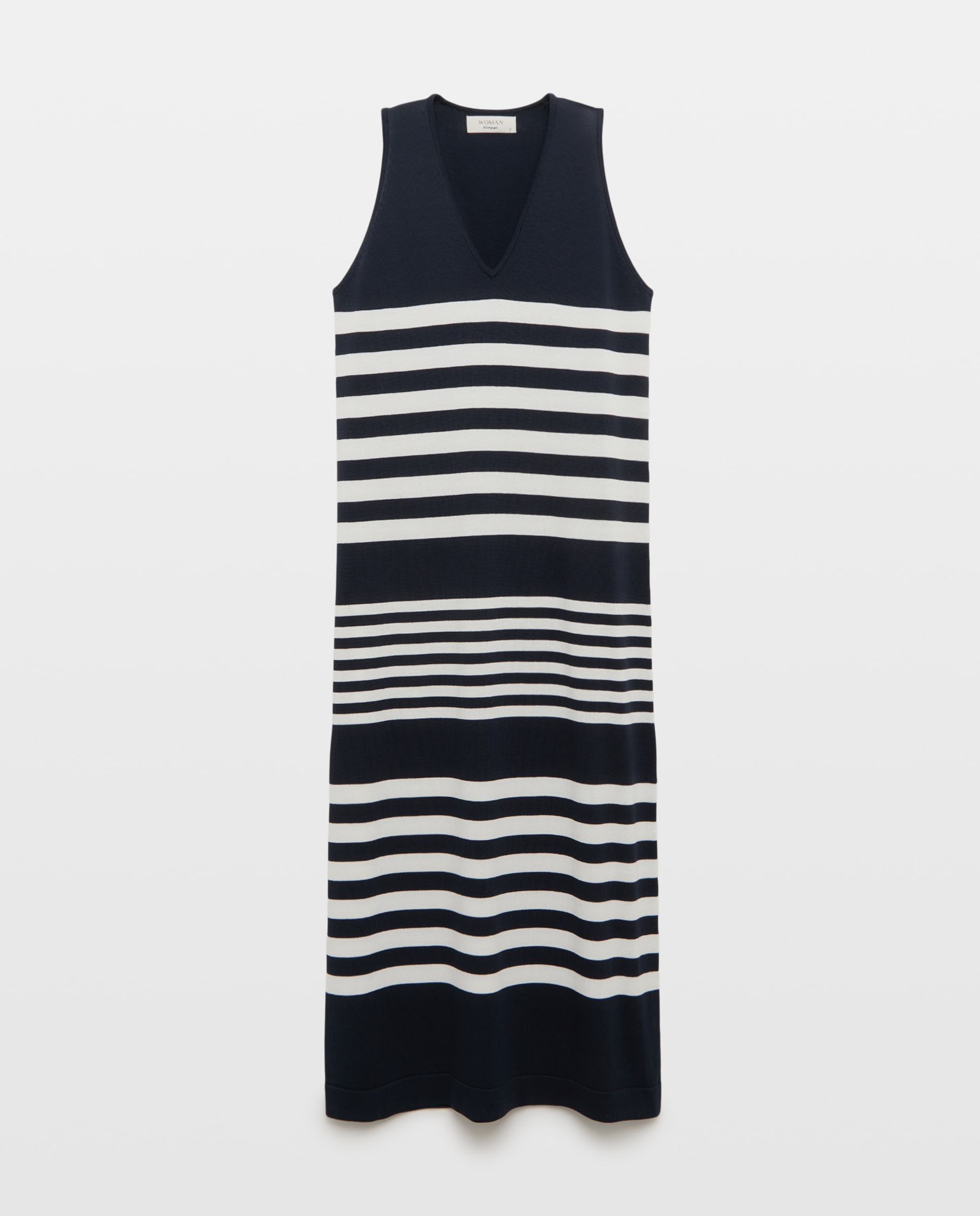 Vestido sem Mangas com Decote em Bico e Riscas de Tricot Azul-4