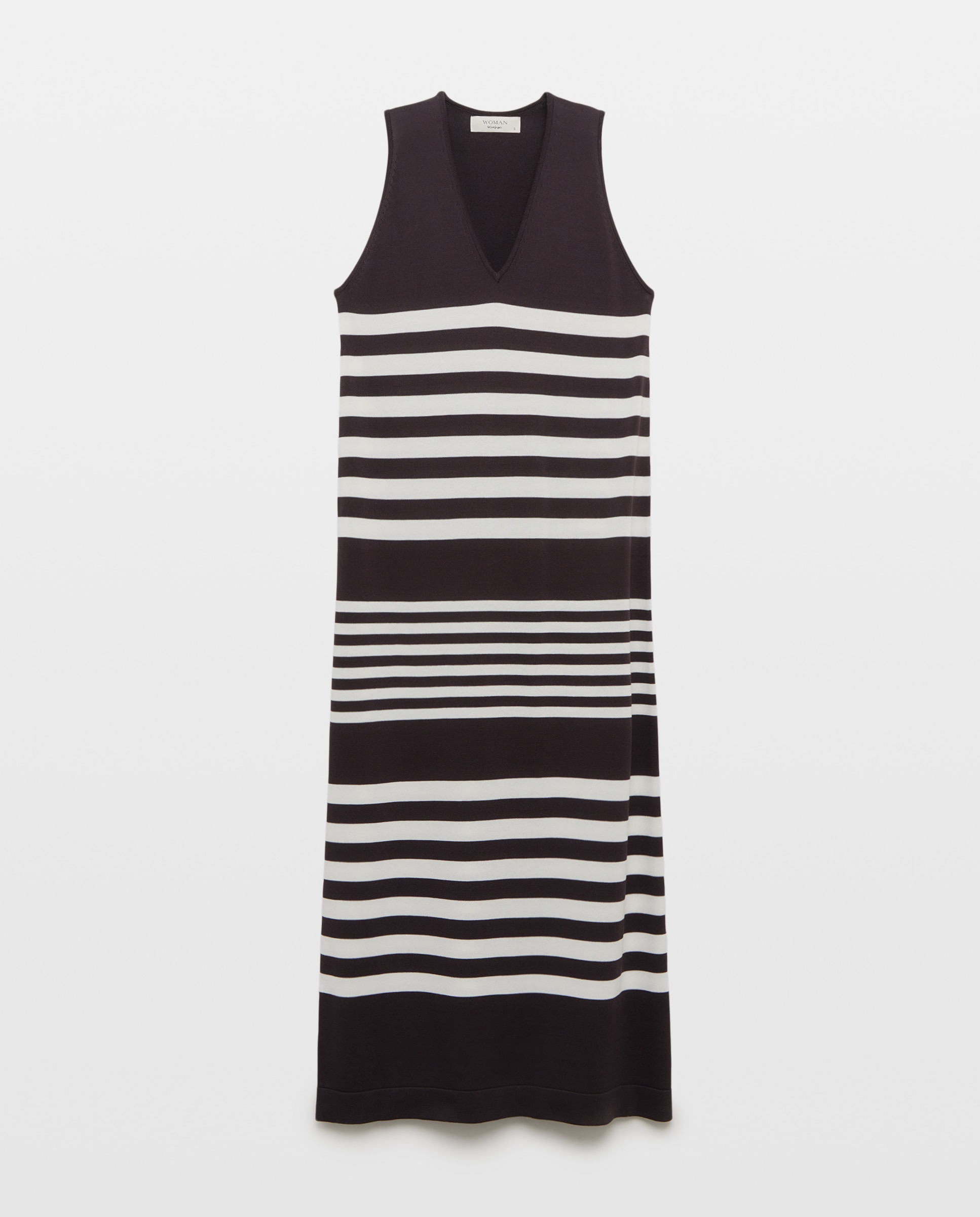 Vestido sem Mangas com Decote em Bico e Riscas de Tricot Castanho-4