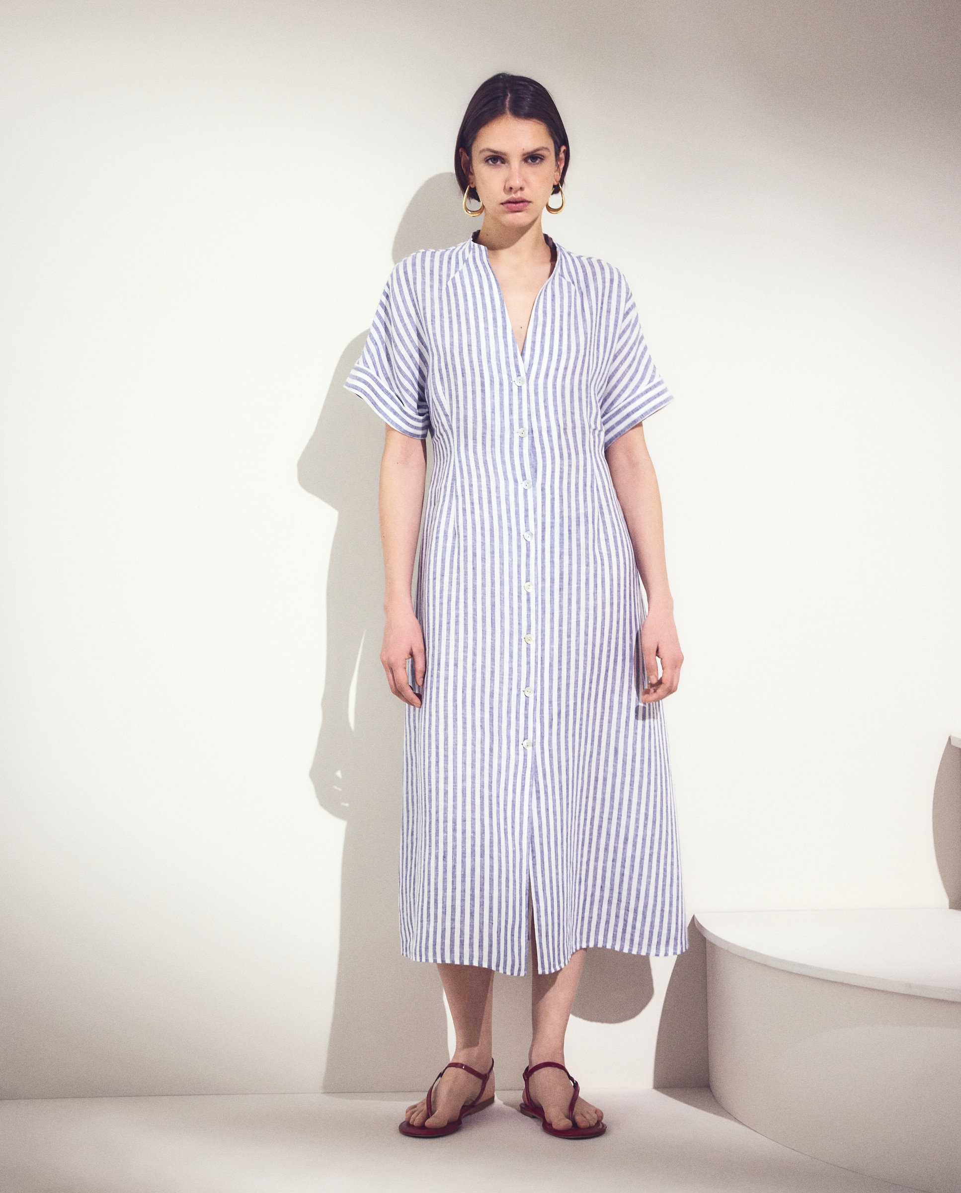 Vestido camisero de lino con manga 3/4 Azul