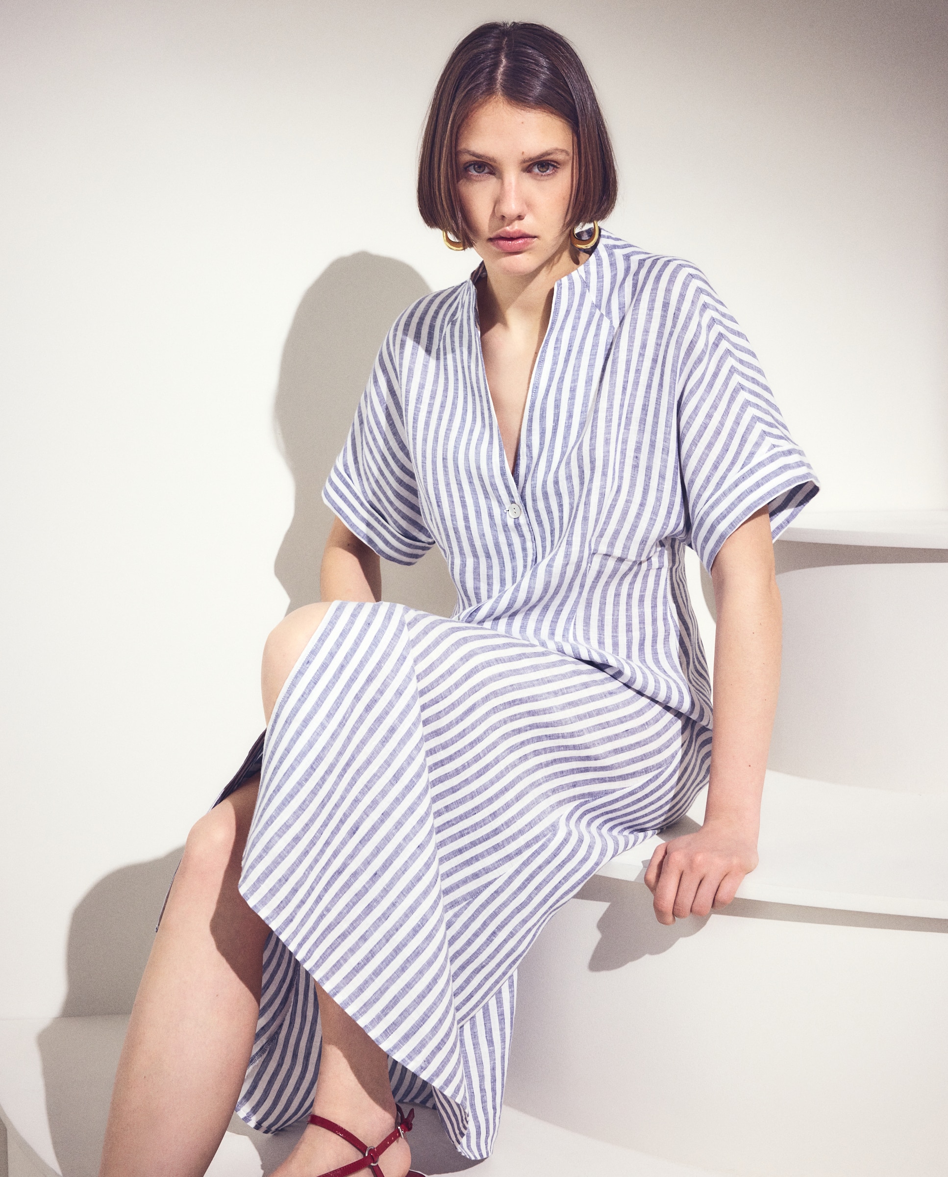 Vestido Camiseiro de Linho com Manga 3/4 Azul-2