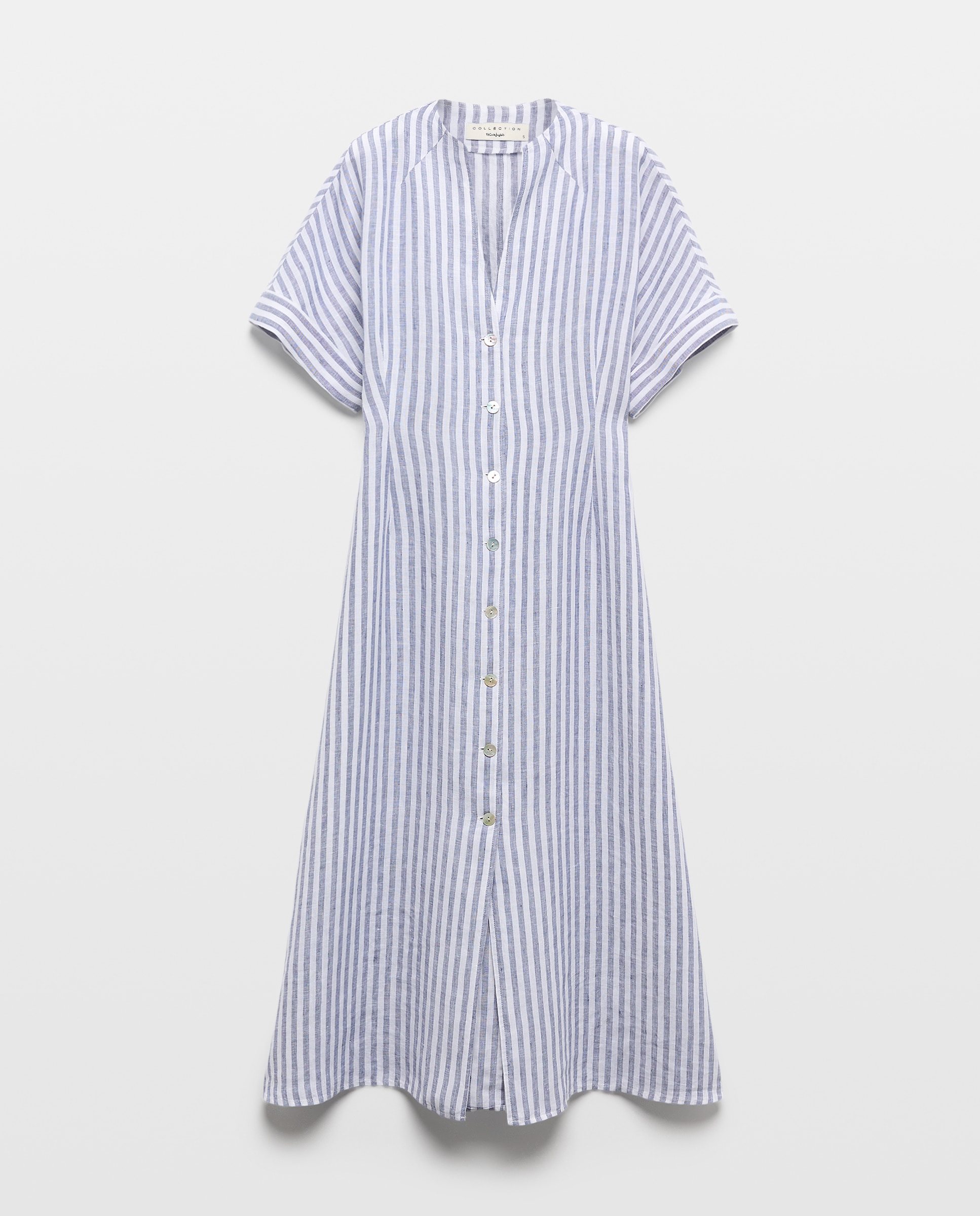 Vestido Camiseiro de Linho com Manga 3/4 Azul-4