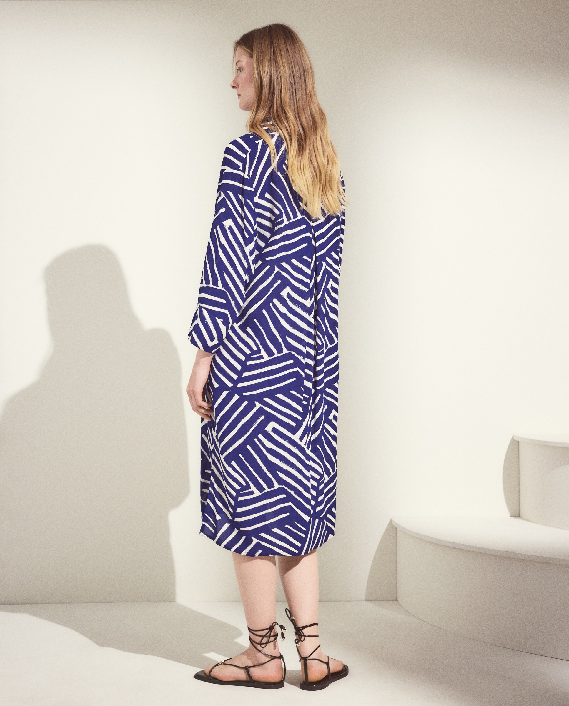 Vestido de Viscose com Manga Comprida e Estampado Azul-3