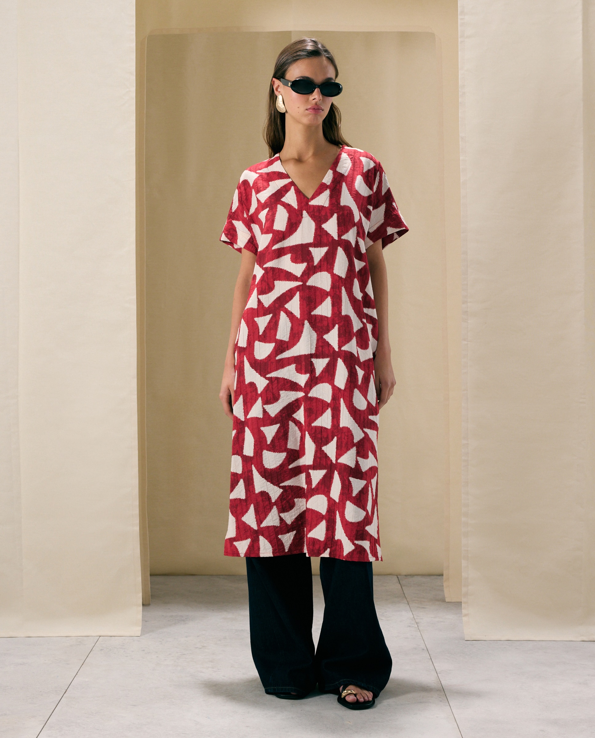 Vestido Kaftan com Palmeira Vermelho-1