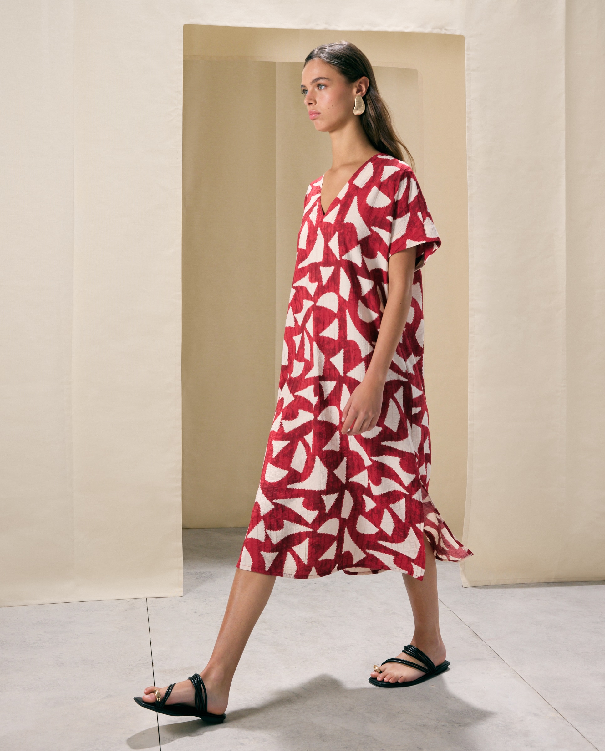 Vestido Kaftan com Palmeira Vermelho-2